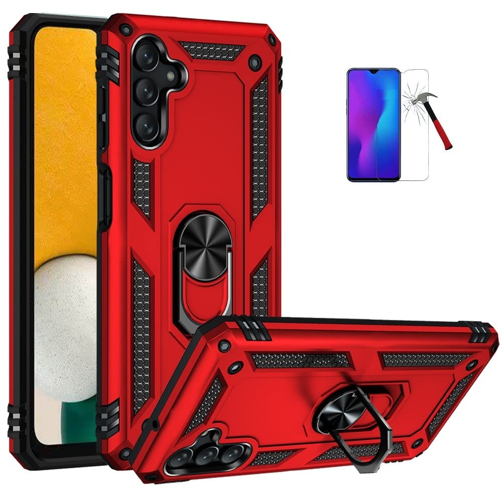 Samsung Galaxy A13 5G Phone Case with Magnetic Ring Kickstand & Tempered Glass - Shockproof Hybrid Protective Cover (Red) | Perfect for Work, Travel & Everyday Use
