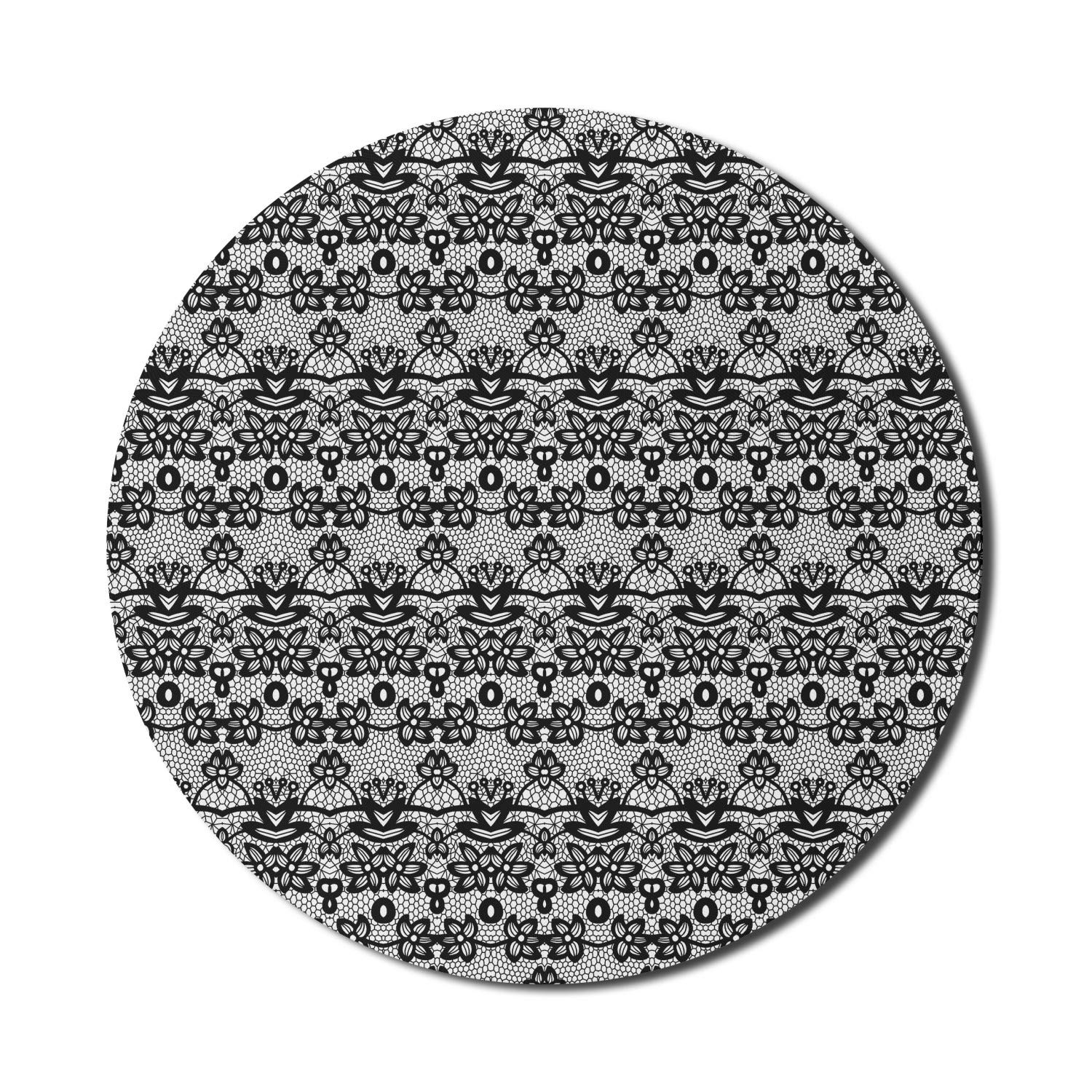 Ambesonne Black and White Round Mouse Pad - Non-Slip Thick Rubber Gaming Mousepad with Monochrome Lace Floral Medieval Design, 8 Inch for PC, Laptop, Office & Home Use