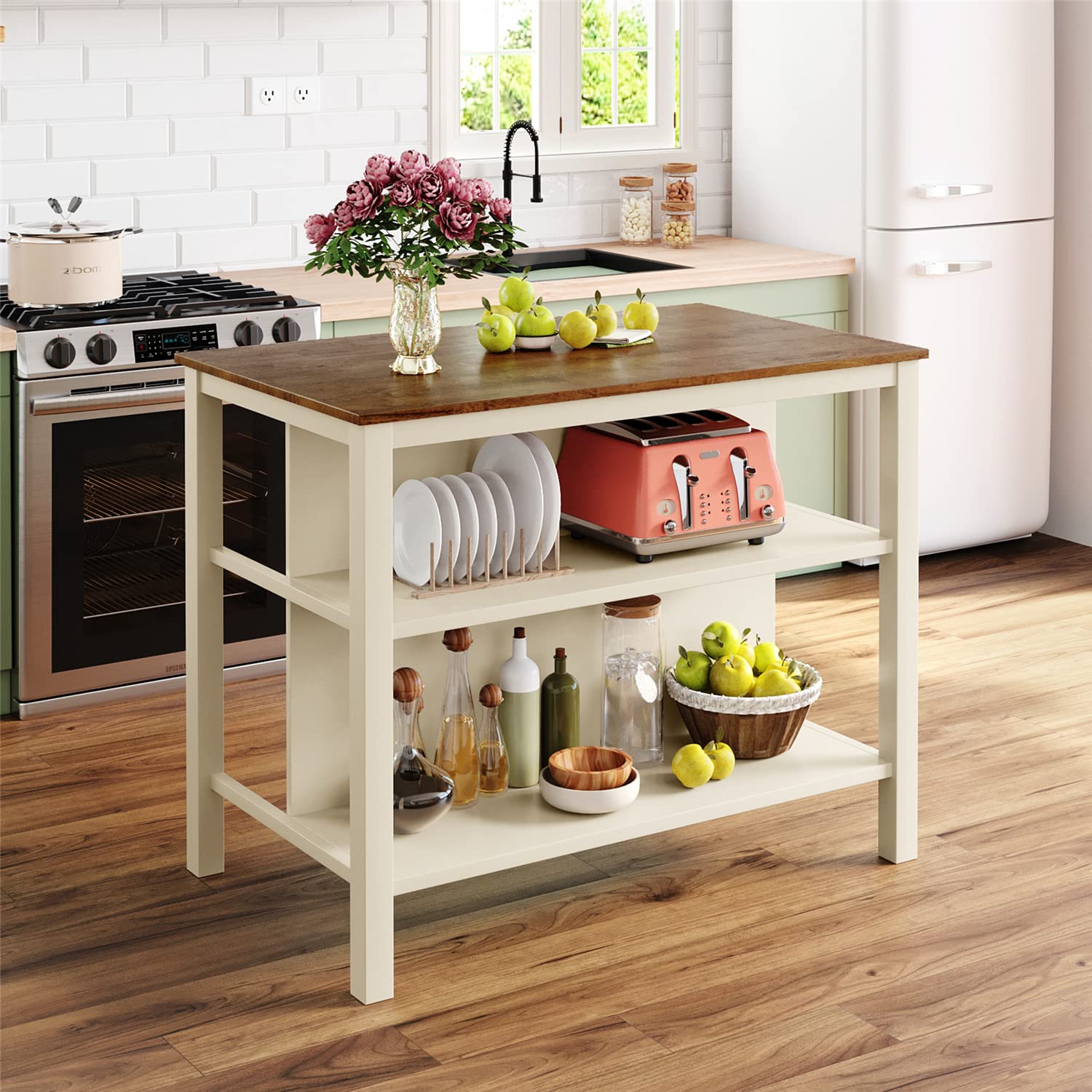 Kitchen Island Set with Table & 2 Stools - 2-Tier Open Shelves & Spacious Tabletop - Space-Saving Dining Table Chair Set for Small Kitchens, Apartments & Breakfast Nooks