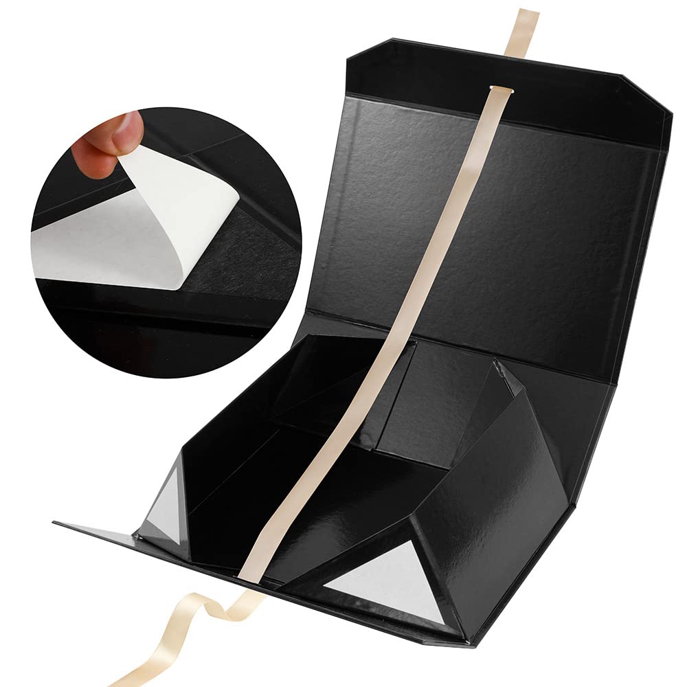 12x8x4.5 Inch Black Gift Box with Magnetic Lid & Ribbon - Elegant Bridesmaid Proposal Box, Birthday Gift Packaging for Jewelry, Shoes & Women's Accessories (Glossy Black) - Perfect for Wedding Favors, Special Occasions & Luxury Gift Presentation