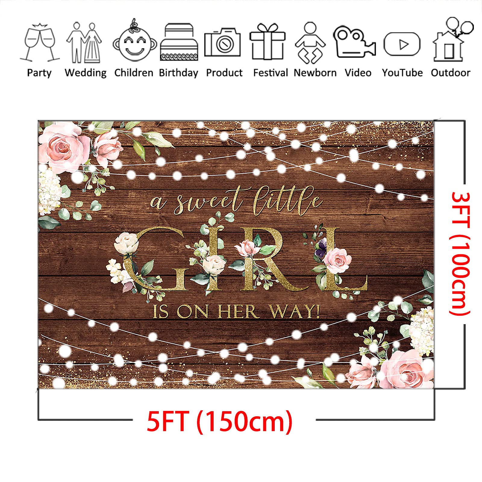 Rustic Wooden Baby Shower Backdrop - Floral 'A Sweet Little Girl is On The Way' Banner for Girl's Party Decor (5x3ft) | Photo Booth Props, Nursery Decor & Gender Reveal Party Supplies