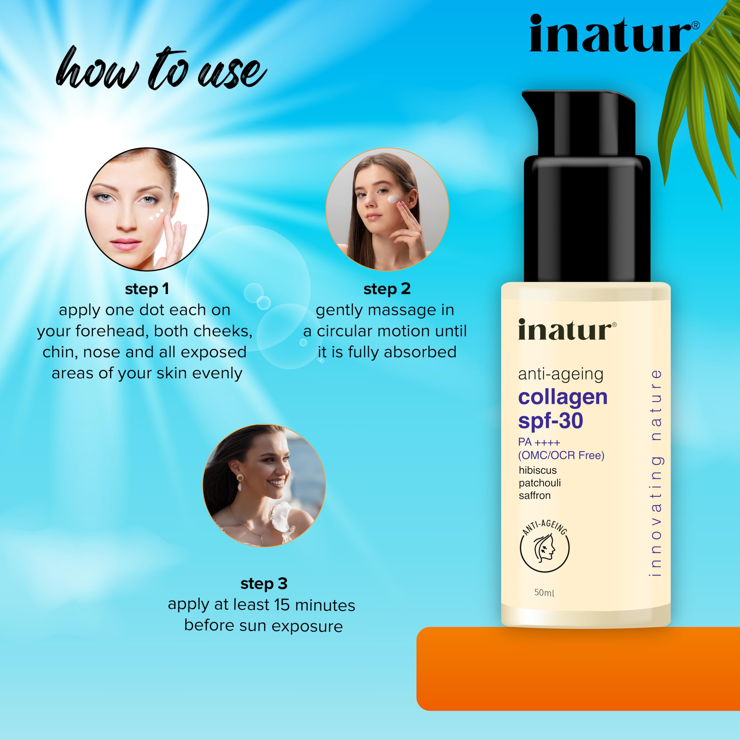 inatur Collagen Sunscreen + Moisturizer SPF 30 PA++++ | Anti-Aging & Hydrating Broad Spectrum Face Sunscreen | Lightweight, No White Cast | For Dry & Sensitive Skin | 50ml | Daily UV Protection & Skincare Routine