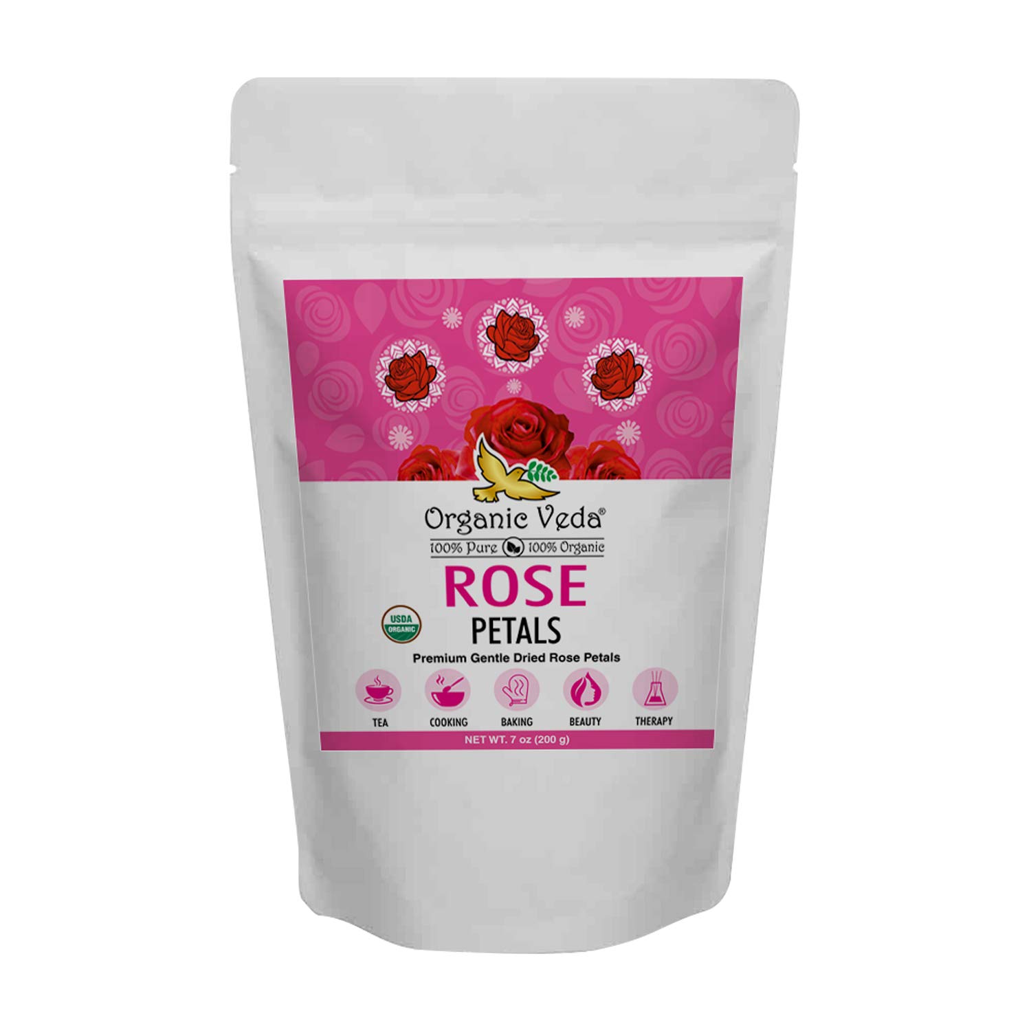 Organic Veda Dried Rose Petals, 7 oz - 100% USDA Certified Organic Edible Rose Petals for Rose Water, Baking, Tea, Cosmetics & Decor - Vegan, Non-GMO - Perfect for DIY Beauty, Gourmet Cooking & Relaxing Bath Soaks