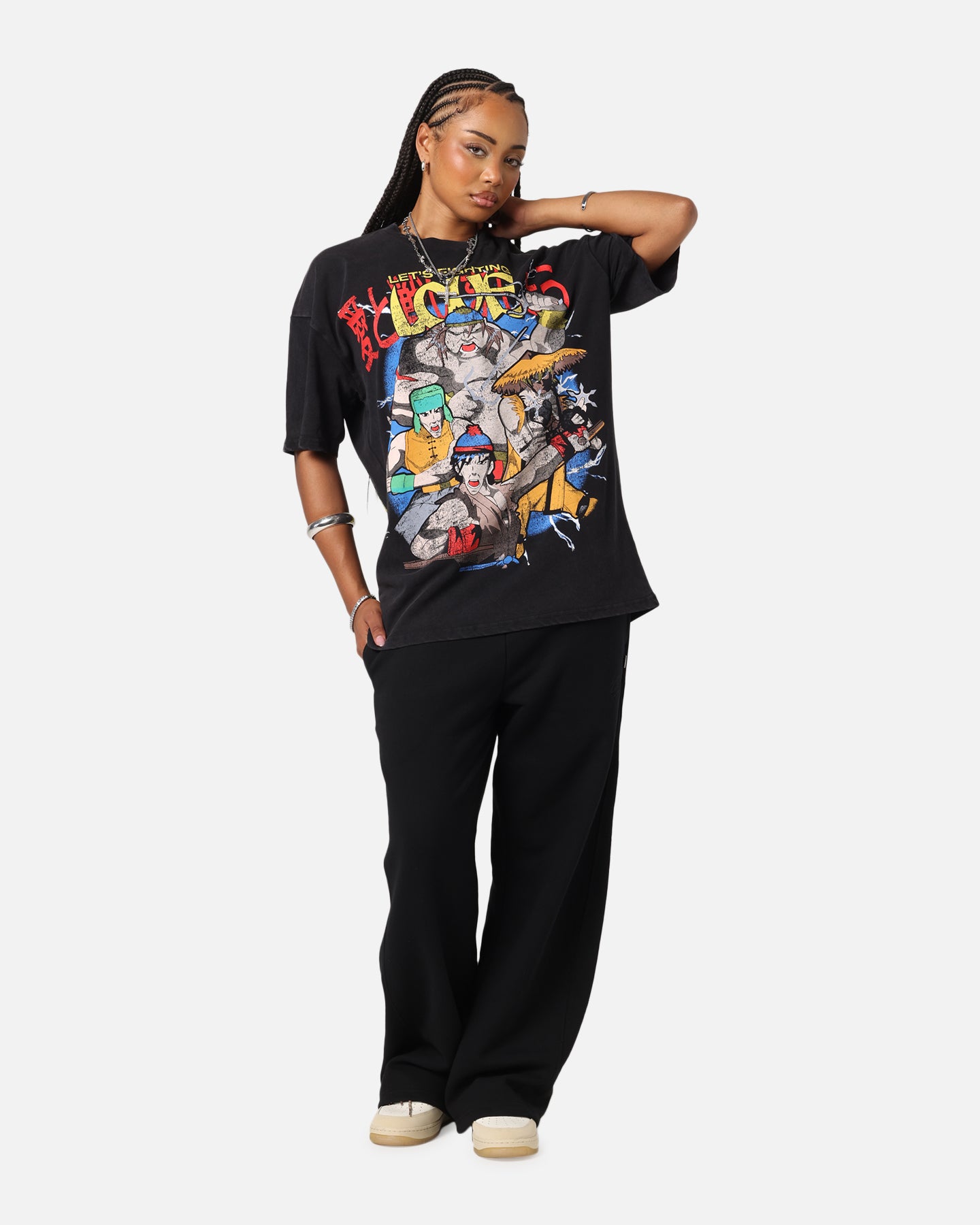 73 Studio X South Park 'Let's Fighting Love' Vintage Black Acid Wash T-Shirt - Perfect for Anime Fans & Casual Streetwear