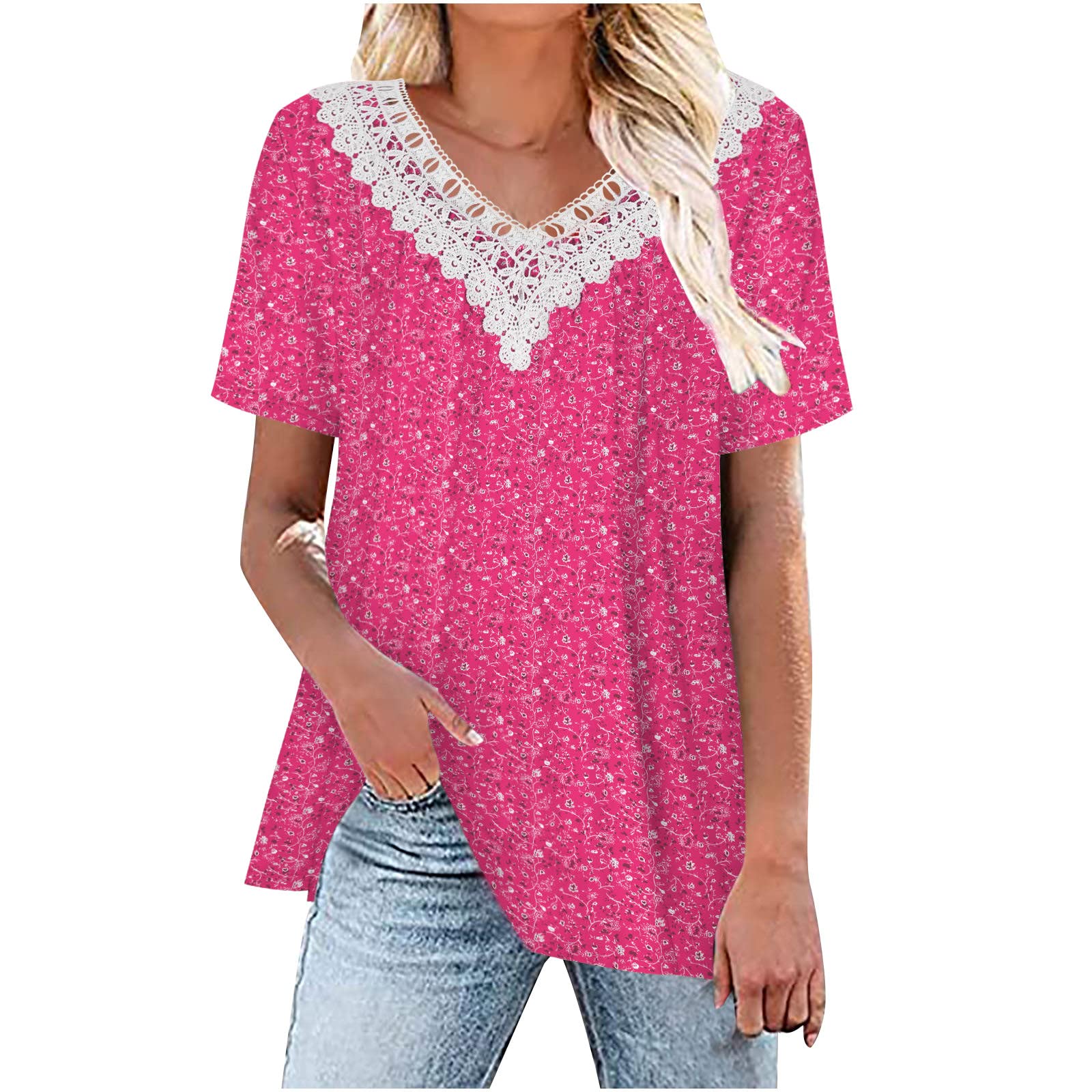 Women's Lace Trim V-Neck T-Shirt - Elegant Short Sleeve Blouse for Casual & Dressy Wear | Summer Tunic Top for Date Night, Office & Vacation Outfits | Cute Ladies Tee 2024 Fashion