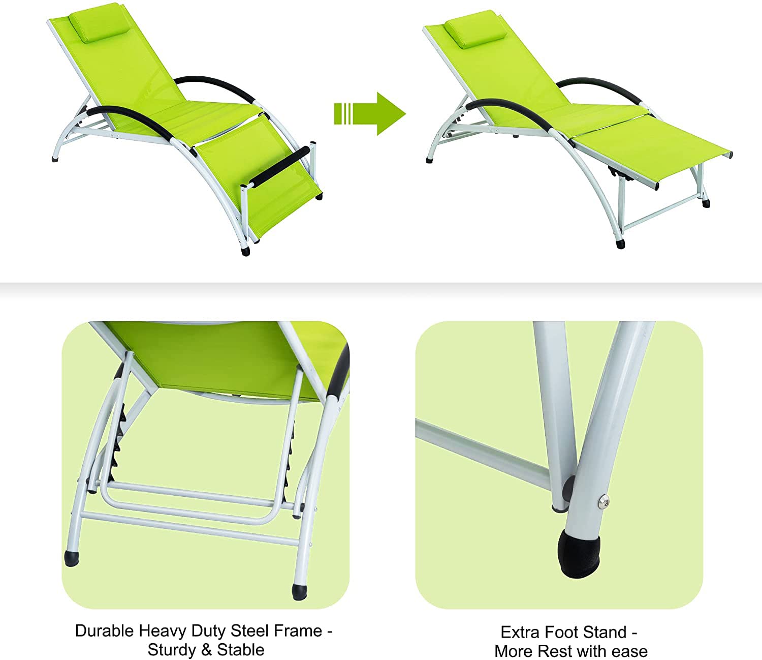 Sundale Outdoor Adjustable Patio Chaise Lounge Set of 2 - 6-Position Reclining Chairs for All-Weather Indoor/Outdoor Use - Perfect for Reading, Meditation, Sleeping & Exercising - Green Patio Furniture for Backyard, Poolside & Garden Relaxation