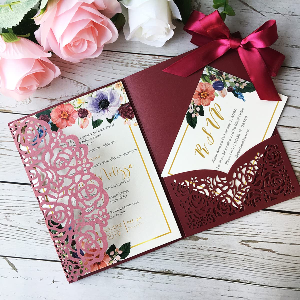 50PCS Personalized Burgundy Laser Cut Wedding Invitations with Envelopes - Hollow Rose Pocket with Ribbon & RSVP Cards - Elegant Invites for Wedding, Quinceañera, Bridal Shower & Special Events