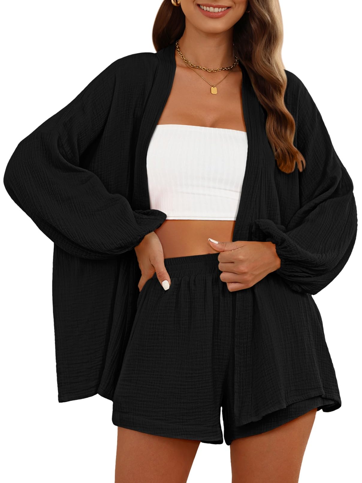 Fixmatti Women's 2-Piece Summer Outfit - V-Neck Long Sleeve Top & High Waisted Shorts Lounge Set with Belt | Casual Wear, Home Comfort, Vacation Style