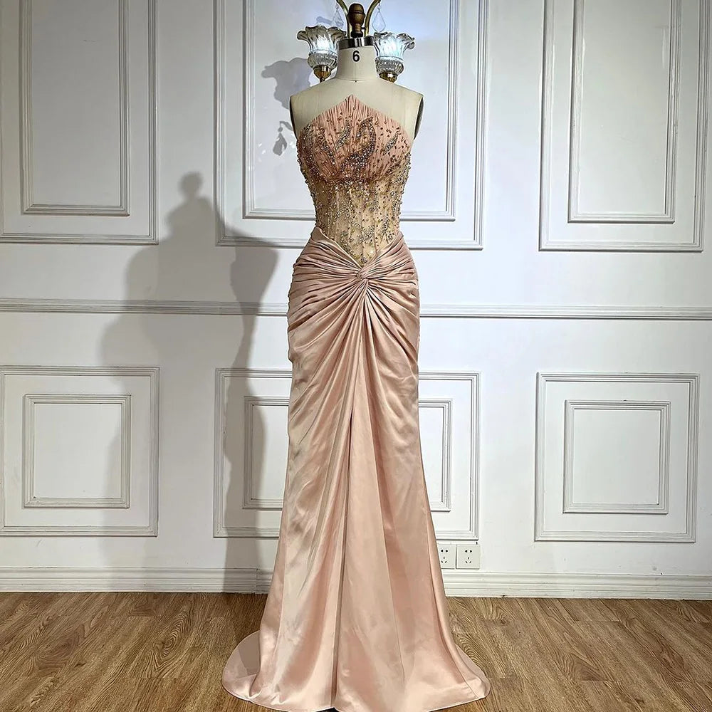 Elegant Blue Split Mermaid Evening Gown with Beaded Details - Luxury Arabic Dubai Style Wedding Dress for Women - Perfect for Formal Parties, Galas & Special Occasions