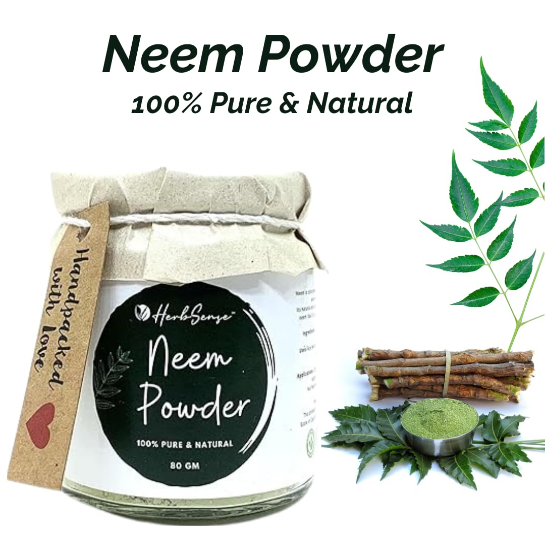 Herbsense Pure Neem Leaves Powder - 100% Natural Skin & Hair Care | Organic Face Mask for Acne Treatment & Deep Cleansing | Anti-Dandruff Hair Pack | Glass Jar 80g | Perfect for DIY Beauty Treatments & Holistic Skincare Routines