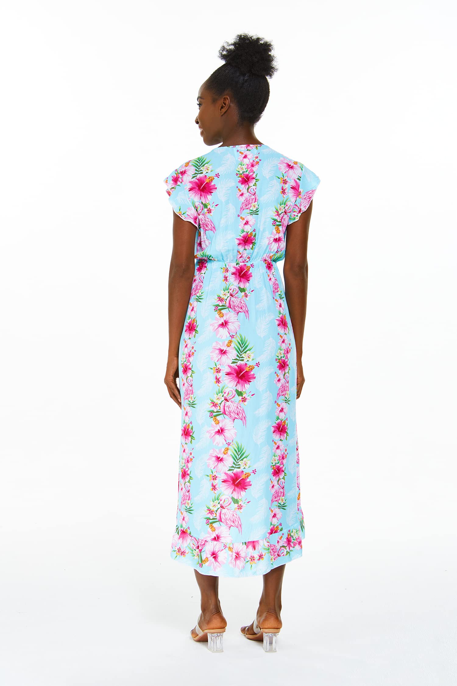 Women's Floral Hawaiian Luau Wrap Ruffle Dress - Tropical Hibiscus Vine Print for Beach Vacation & Summer Party