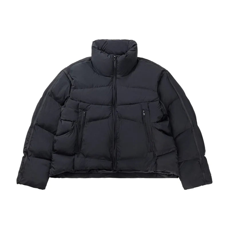 American Street Style Men's Parka Jacket - Stand Collar Solid Color Winter Padded Coat for Casual Wear | Warm Outerwear for Urban Commuting & Outdoor Activities