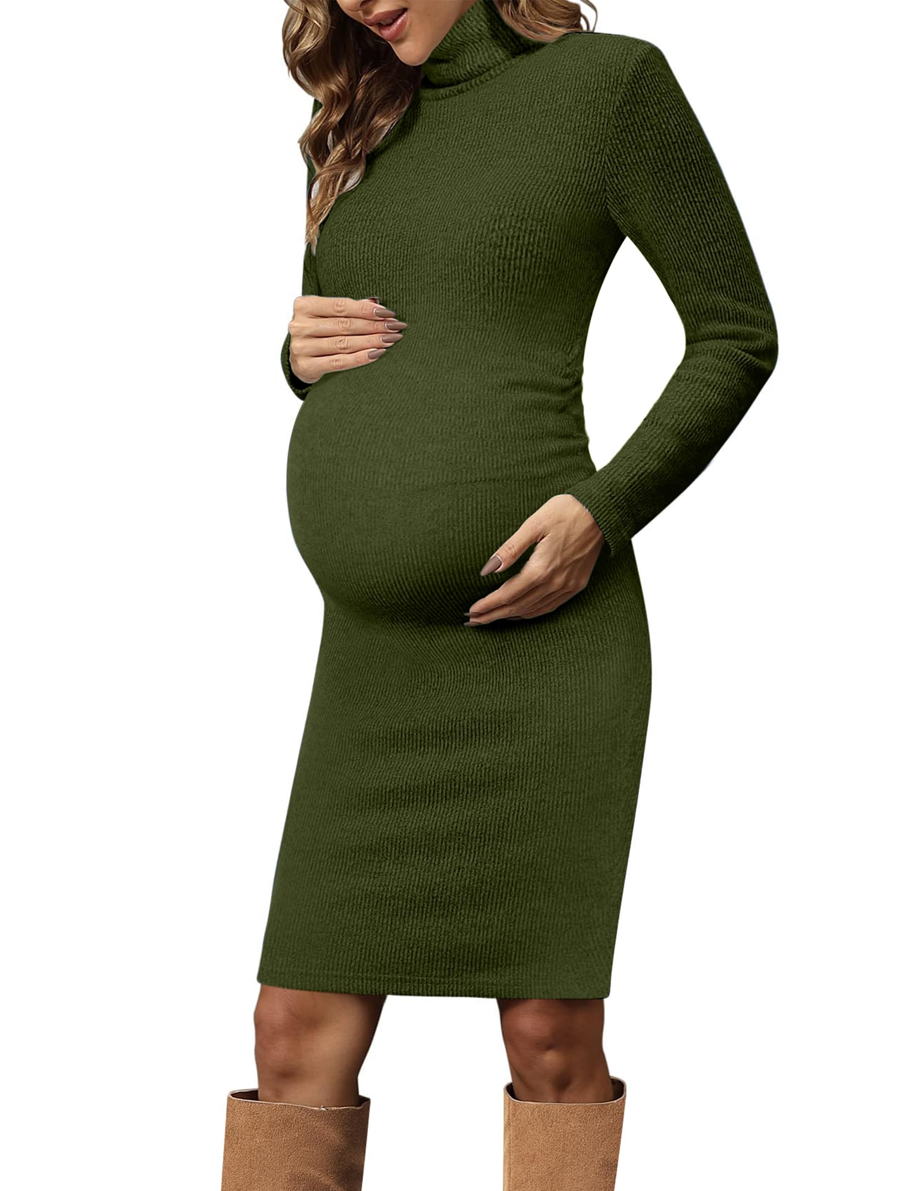 Stylish Ribbed Turtleneck Maternity Dress - Ruched Knit Bodycon Pregnancy Sweater Dress for Casual Wear & Baby Shower | Perfect for Everyday Comfort & Special Occasions