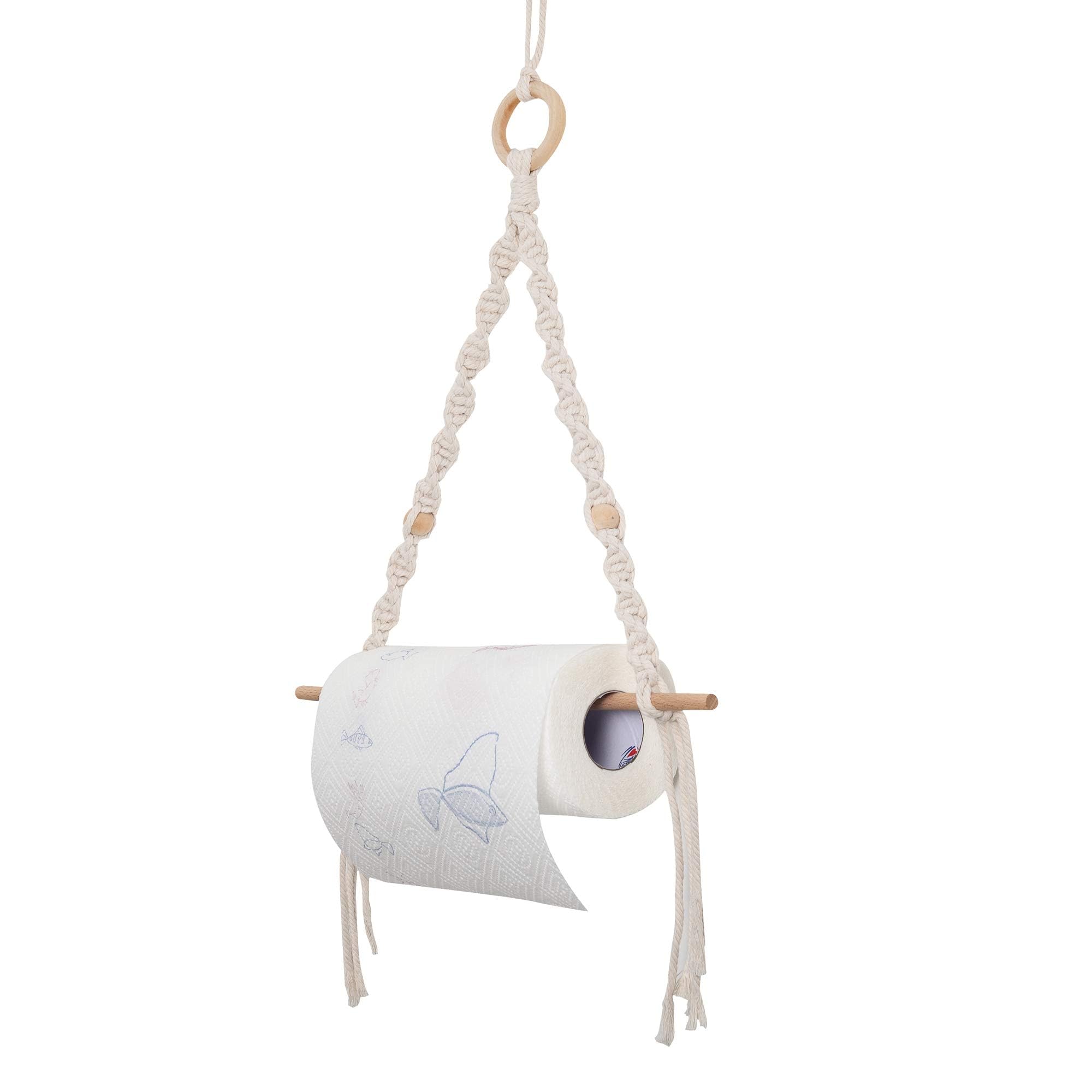 Handmade Boho Paper Towel Holder - Cotton Rope Macrame Toilet Paper & Towel Rack for Bathroom, Kitchen | Rustic Farmhouse Decor for Home, Office, RV