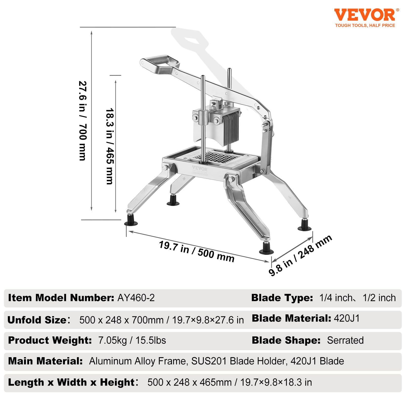 VEVOR Commercial Vegetable Slicer - 1/4 & 1/2 Inch Tomato Slicer with Stainless Steel Blade & Aluminum Alloy Body - Manual Food Cutter for Tomatoes, Onions, Potatoes - Perfect for Restaurants, Delis & Home Kitchen Prep
