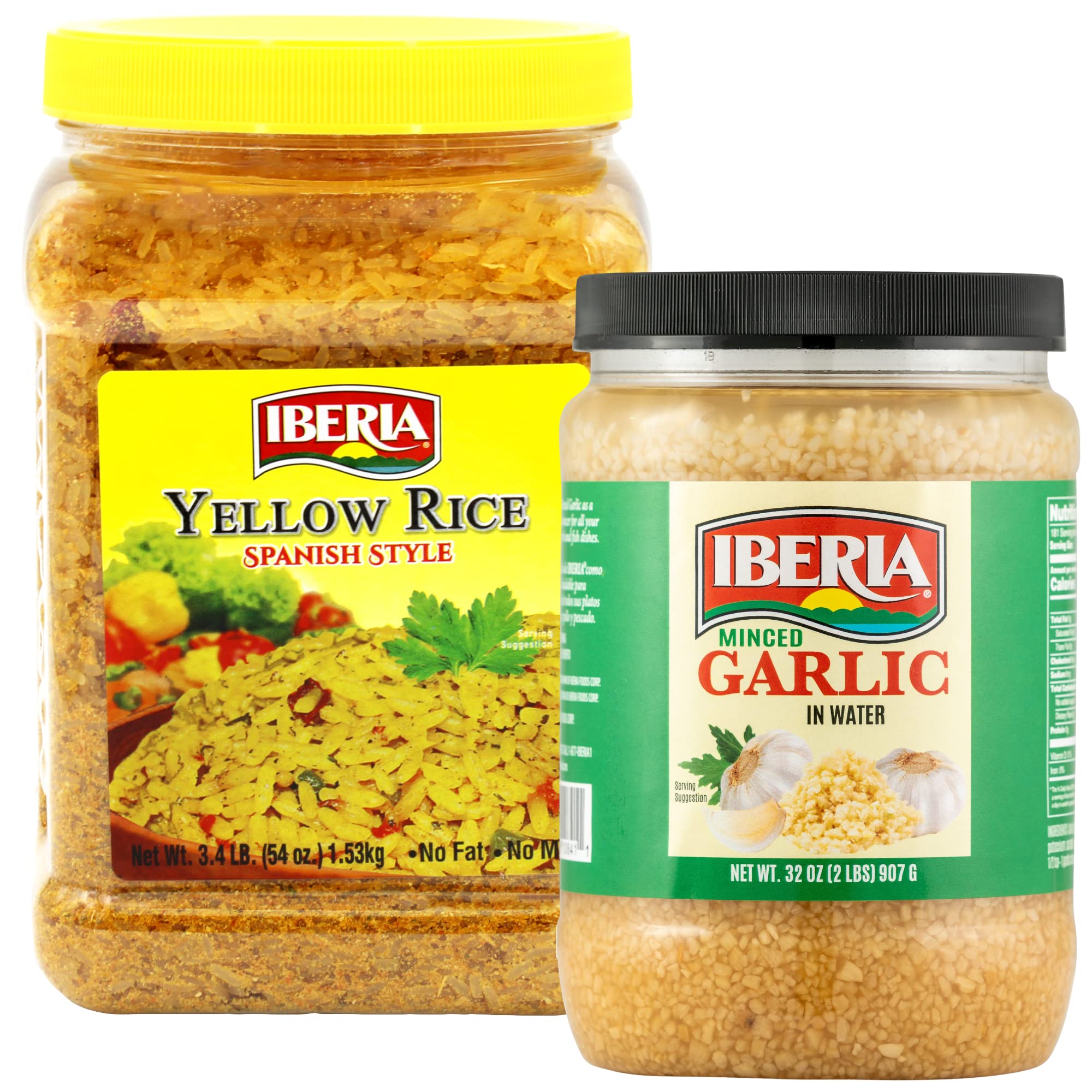 Iberia Yellow Rice 3.4 lb & Iberia Minced Garlic 32 oz - Authentic Spanish Rice & Garlic Combo Pack for Paella, Rice Dishes & Cooking