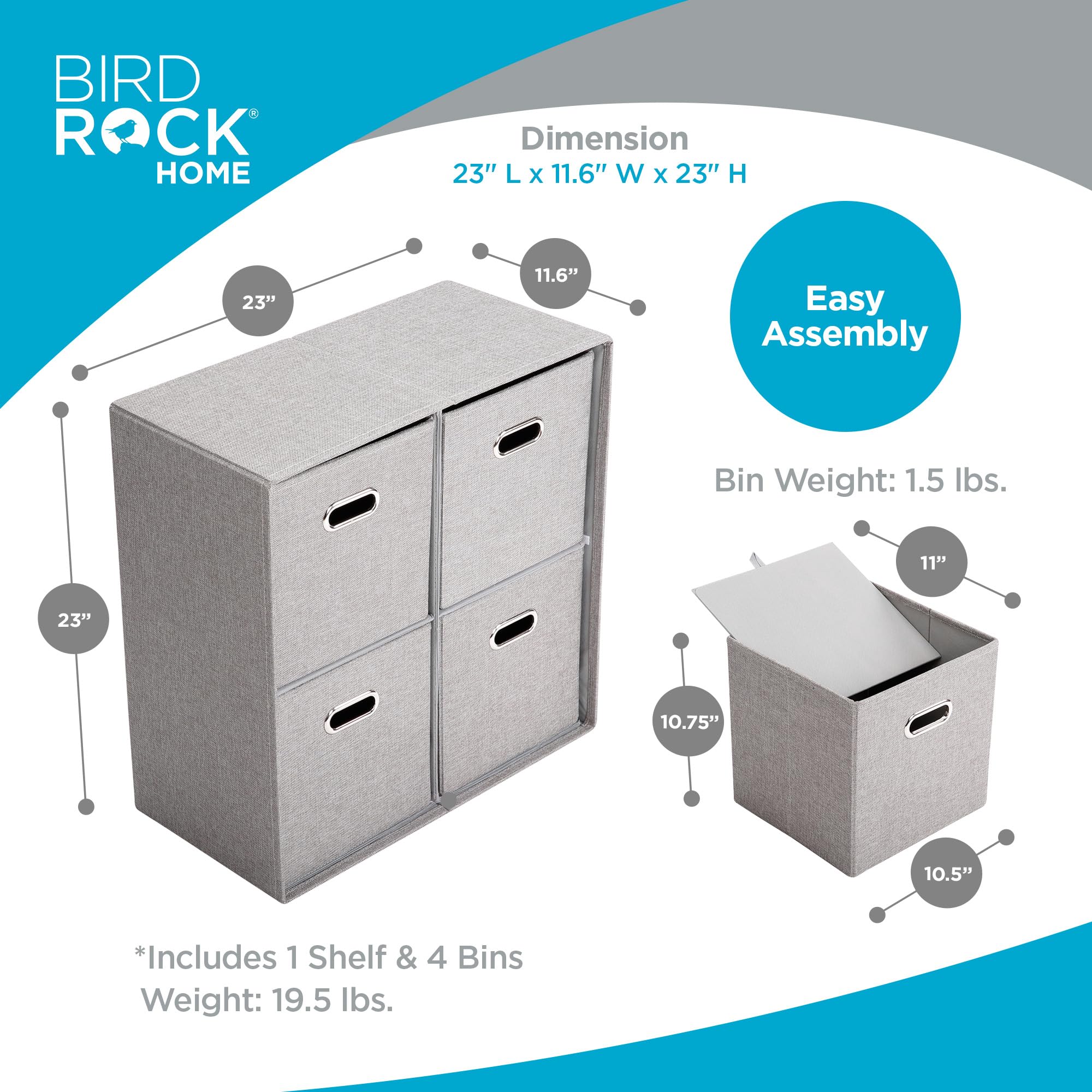 BIRDROCK HOME 4-Bin Linen Cube Organizer Shelf - Durable Collapsible Storage Unit for Bedroom, Closet, Dorm | Space-Saving Shelving for Toys, Clothes, Towels | Grey Home Organization Solution (Perfect for Small Spaces & Kids' Rooms)