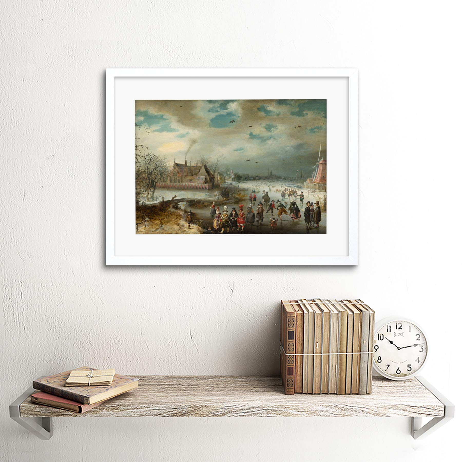 Adam Van Breen Dutch Skating on Frozen Amstel River - Framed Art Print 12x50 (B12X5080) - Perfect for Home, Office & Gallery Wall Decor