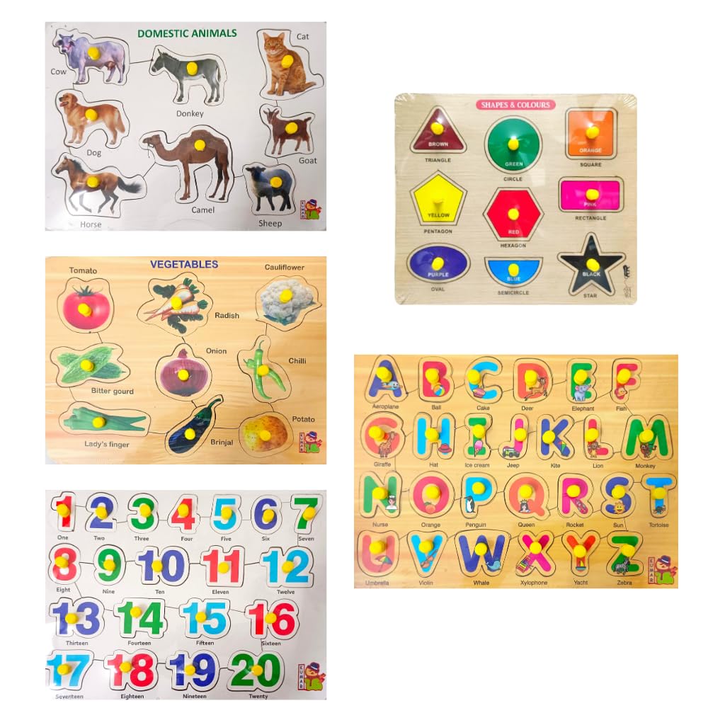 5-Piece Wooden Learning Puzzle Set for Kids & Adults - Alphabet, Numbers, Animals, Vegetables, Shapes - Educational Montessori Toys for Toddlers 3+ - Perfect for Homeschooling, Preschool Learning & Family Game Night
