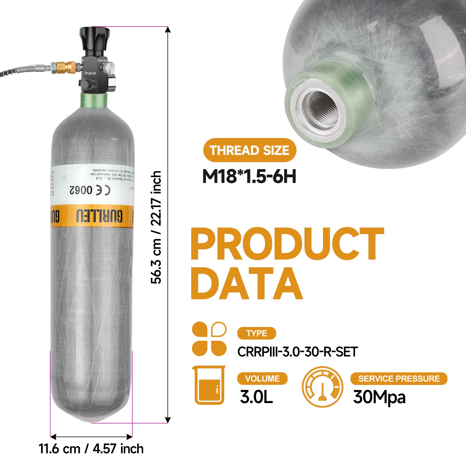 3L Carbon Fiber 4500psi PCP Air Tank - Lightweight High Pressure Cylinder for Paintball, Scuba, SCBA & HPA (Empty Bottle with Dual Valve) | Perfect for Outdoor Sports, Diving & Emergency Air Supply