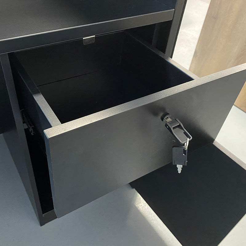 KENTO 240cm Modern Reception Desk with Timber Slat Acoustic Panel in Black & Oak - Perfect for Office Lobby, Hotel Front Desk, and Corporate Waiting Areas