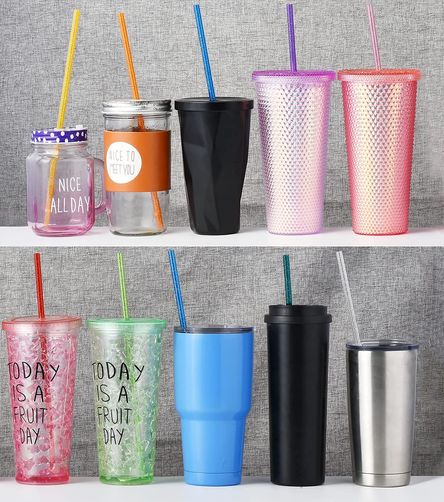 ALINK 12-Pack Reusable Clear Plastic Straws & 12 Glitter Straws for Smoothies, Cocktails, and Parties - BPA-Free Eco-Friendly Drinking Straws Set