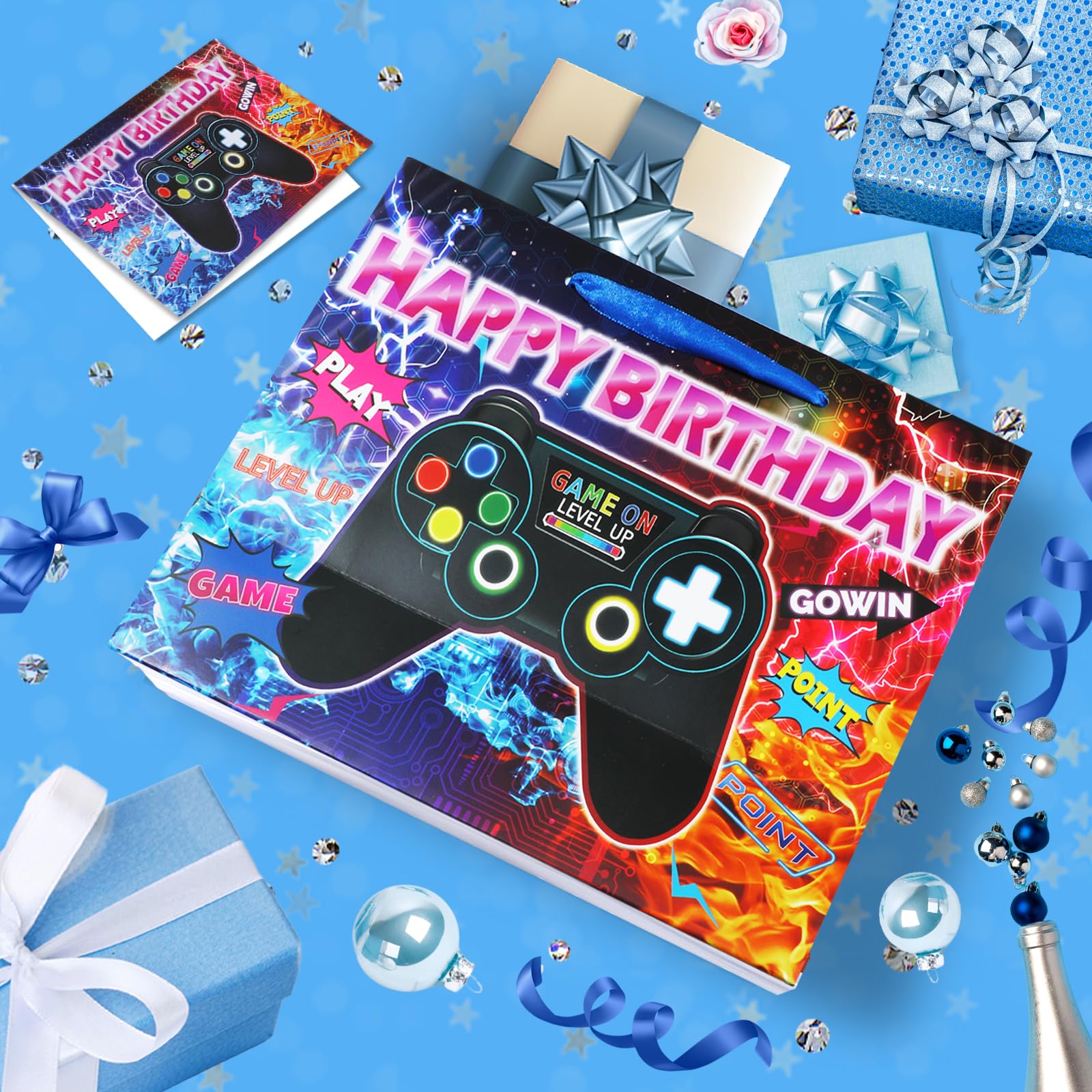 Video Game Themed Birthday Party Decorations - 12 Pack Gaming Favor Bags with Happy Birthday Tissue Paper & Greeting Cards for Boys & Girls | Perfect for Gamer Birthday Parties, Christmas Celebrations & Gaming Events