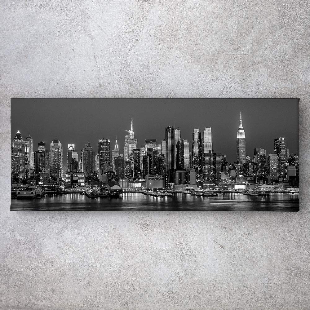 New York City Skyline Panoramic Canvas Wall Art - Black & White NYC Skyline Print, Office & Home Decor, Ready to Hang, Made in USA (45