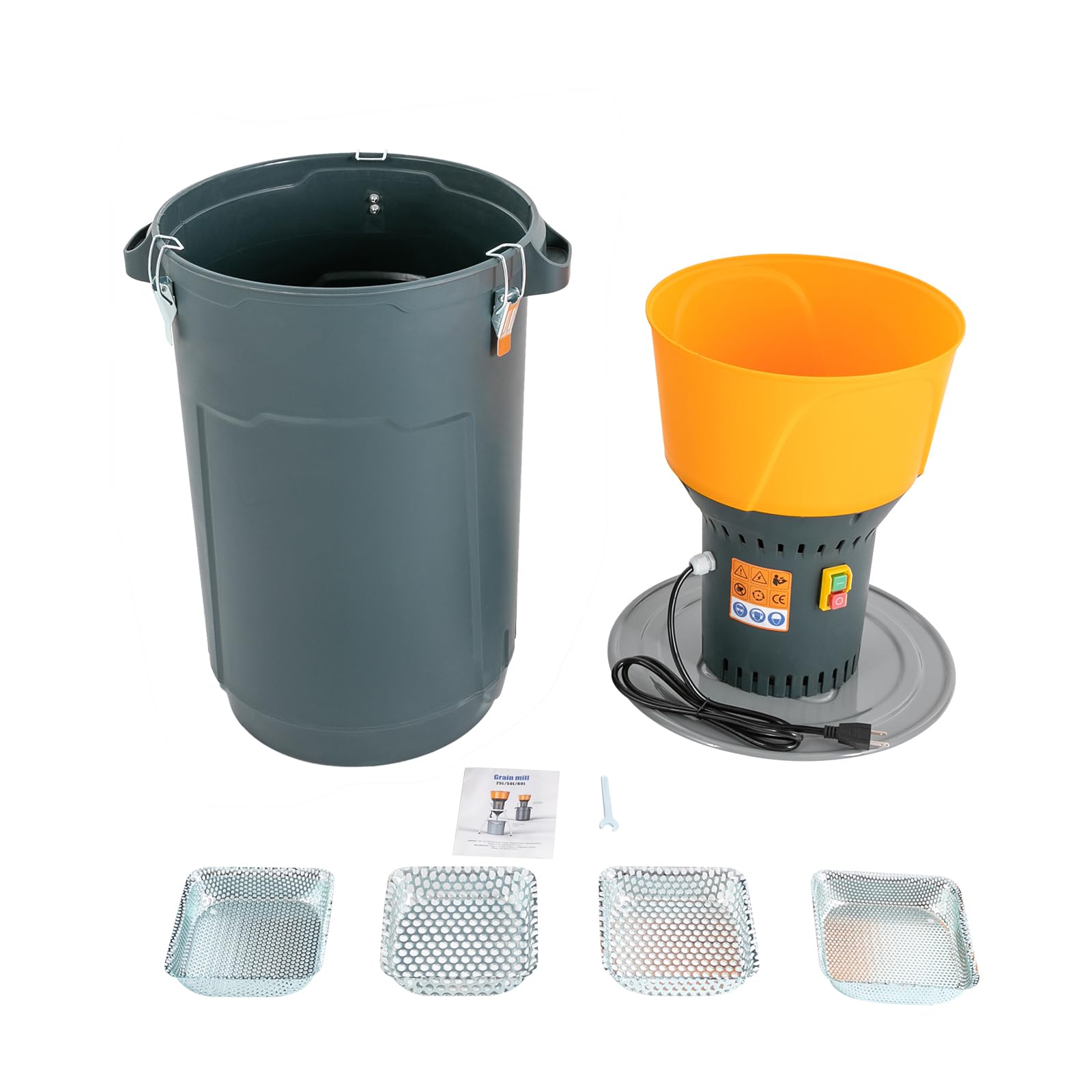 1300W Electric Grain Mill Grinder for Corn Wheat & Dry Grains - 1.72 Gal Funnel with 5 Sieves & 15.85 Gal (60L) Container - Perfect for Home Brewing, Baking & Farm Use