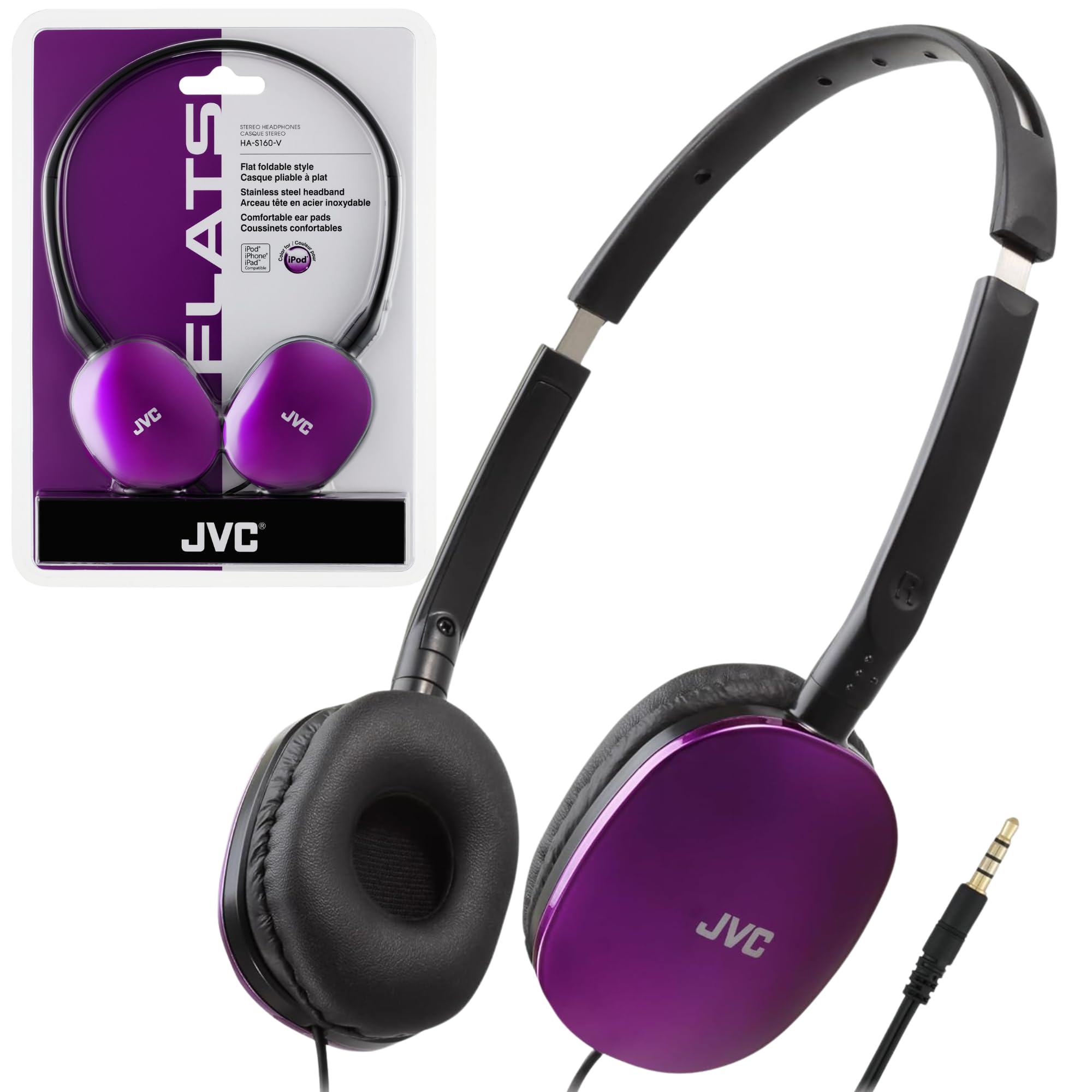 JVC HAS160V Lightweight Flat On-Ear Headphones with 30mm Drivers - Violet Purple | Perfect for Commuting, Travel & Office Use