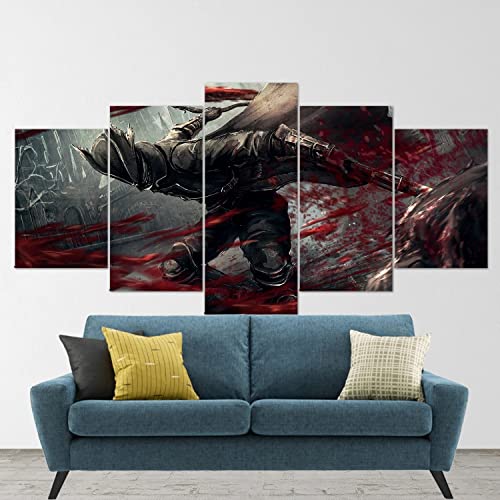 Bloodborne Hunter 5-Piece Canvas Wall Art Set - Handmade Gothic Video Game Poster for Living Room Decor - Extra Large Canvas Painting - Perfect Gift for Gamers & Dark Fantasy Fans (Dark Souls Inspired Home Office Decor)