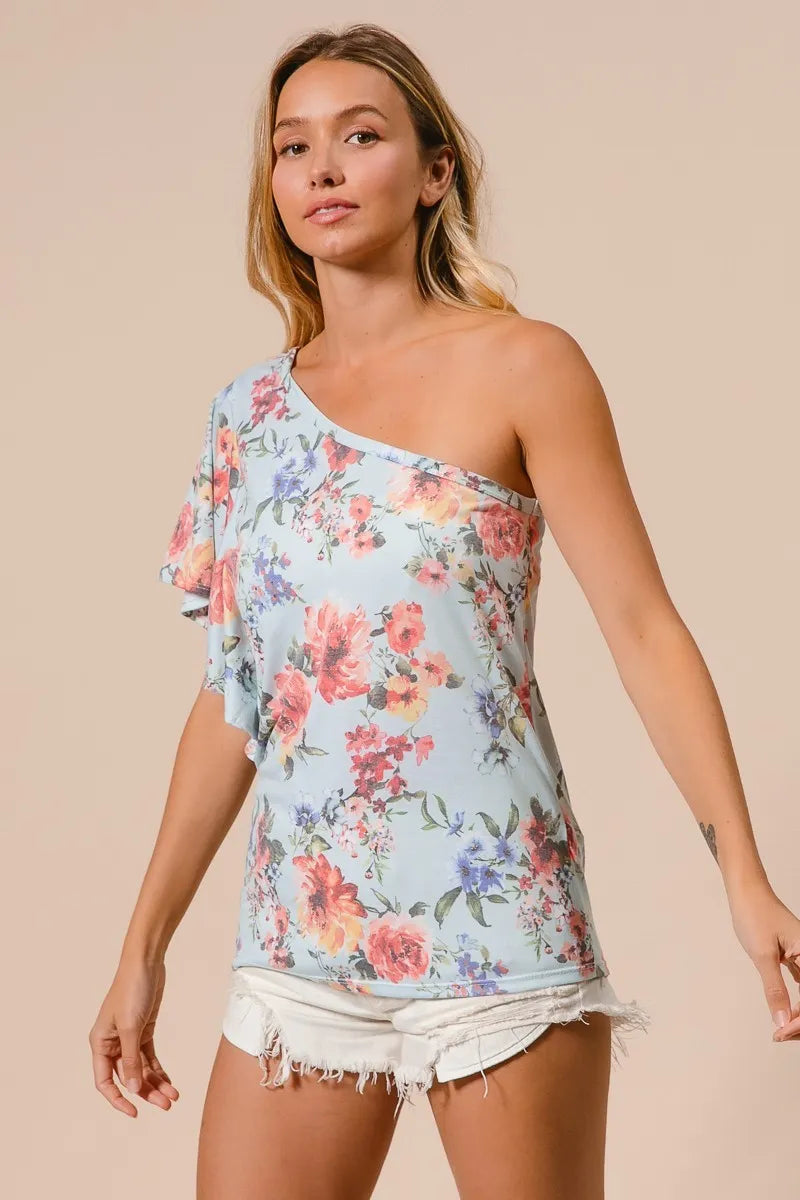 BiBi Floral Printed Jersey Knit Ruffle Sleeve Top - Women's Casual Blouse for Spring/Summer, Perfect for Date Nights & Office Wear