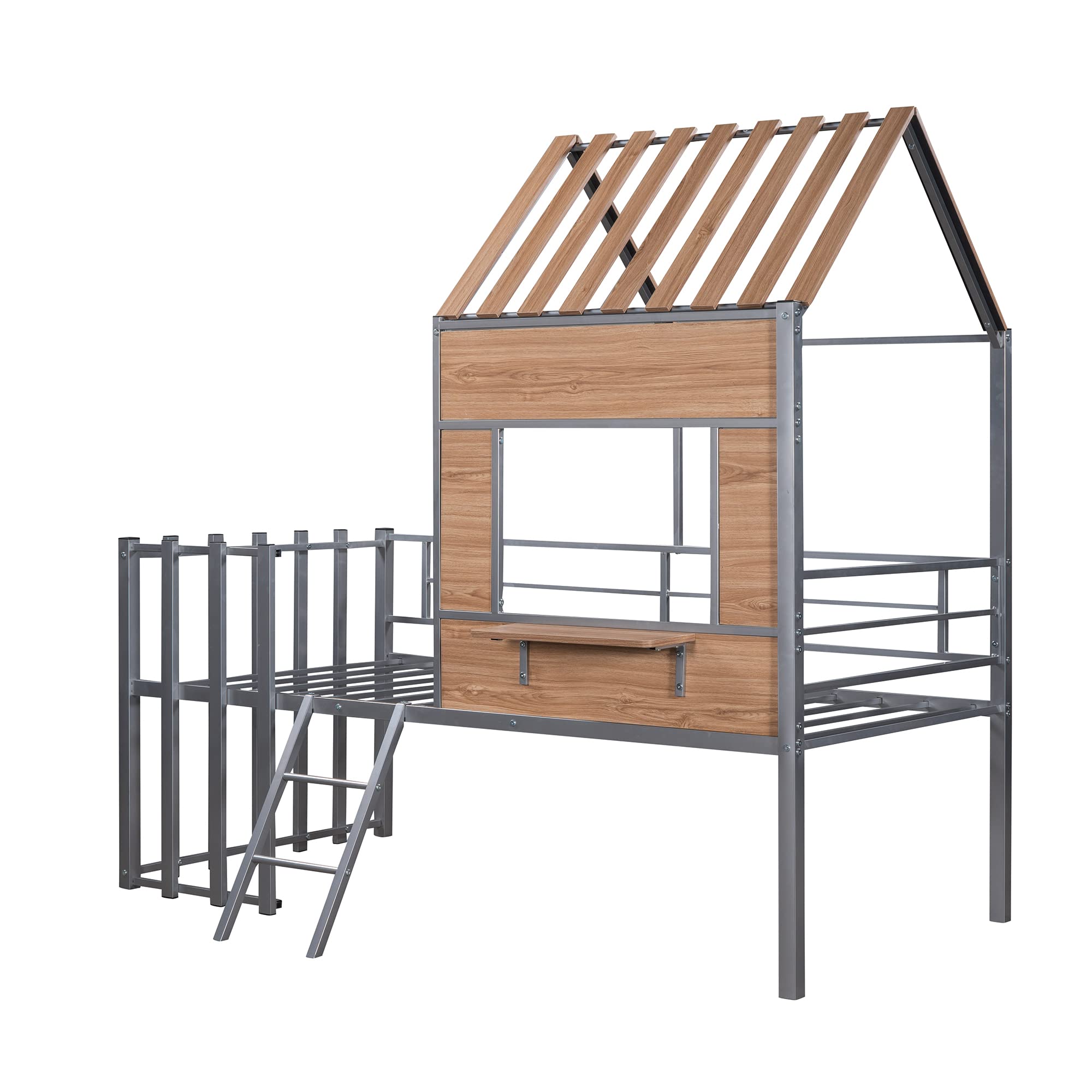 Twin Size Metal Loft Bed for Kids with Roof - Low Height House Design for Girls & Boys in Silver - Perfect for Small Bedrooms, Dorm Rooms & Kids' Play Areas