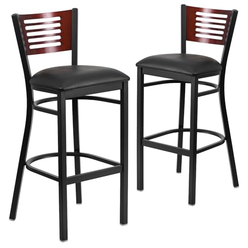 Mahogany Wood Back/Black Vinyl Seat/Black Metal Frame