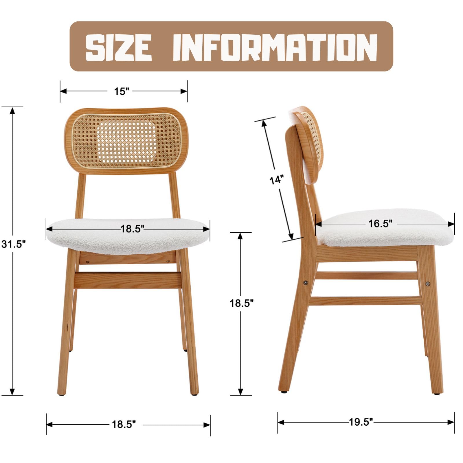 2 Pack White Lambswool Rattan Dining Chairs - Natural Wooden Farmhouse Kitchen Side Chairs for Dining Room, Breakfast Nook & Outdoor Patio
