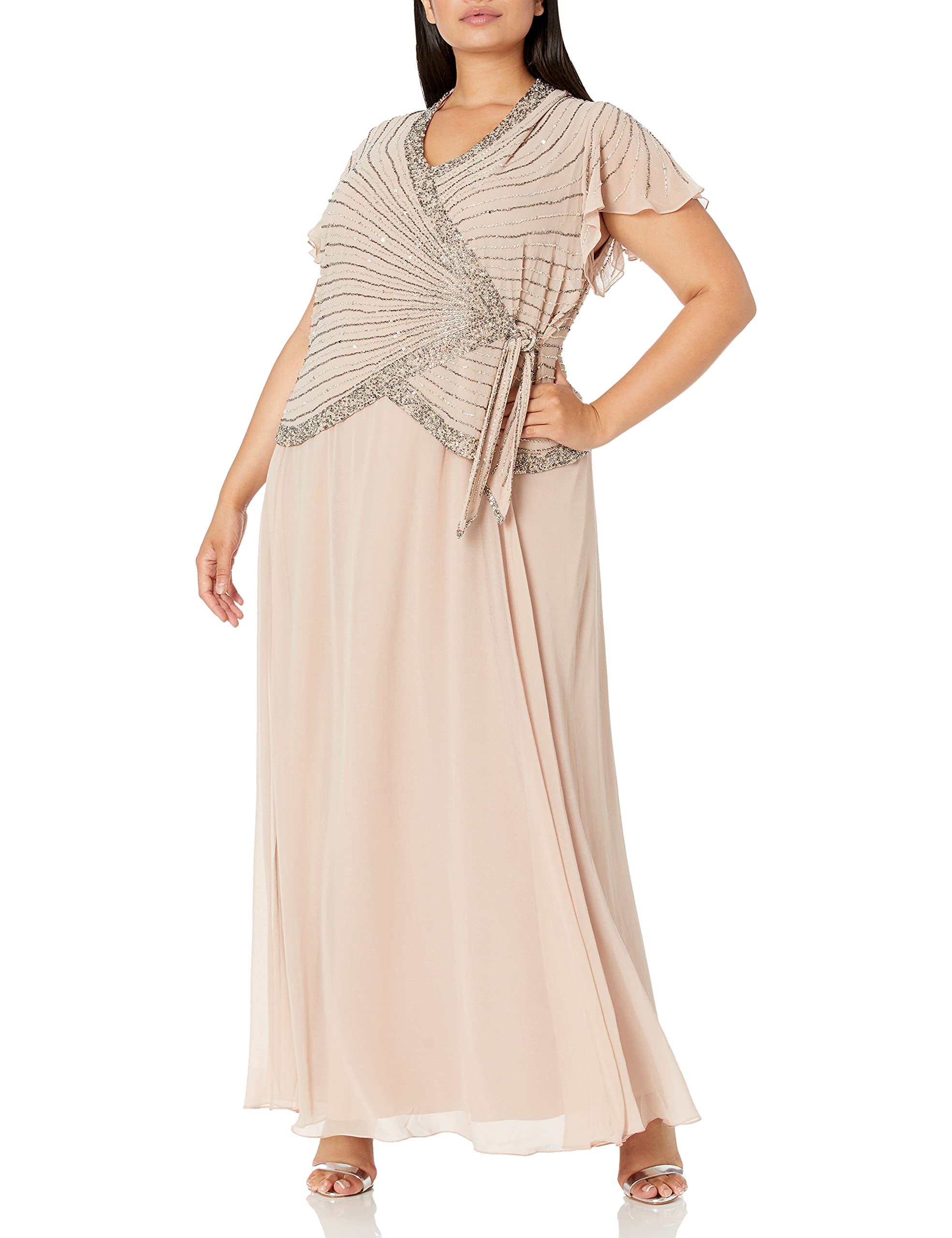 J Kara Women's Plus Size Beaded Flutter Sleeve Dress - Elegant Boho Chic Maxi Dress for Wedding, Party & Special Occasions