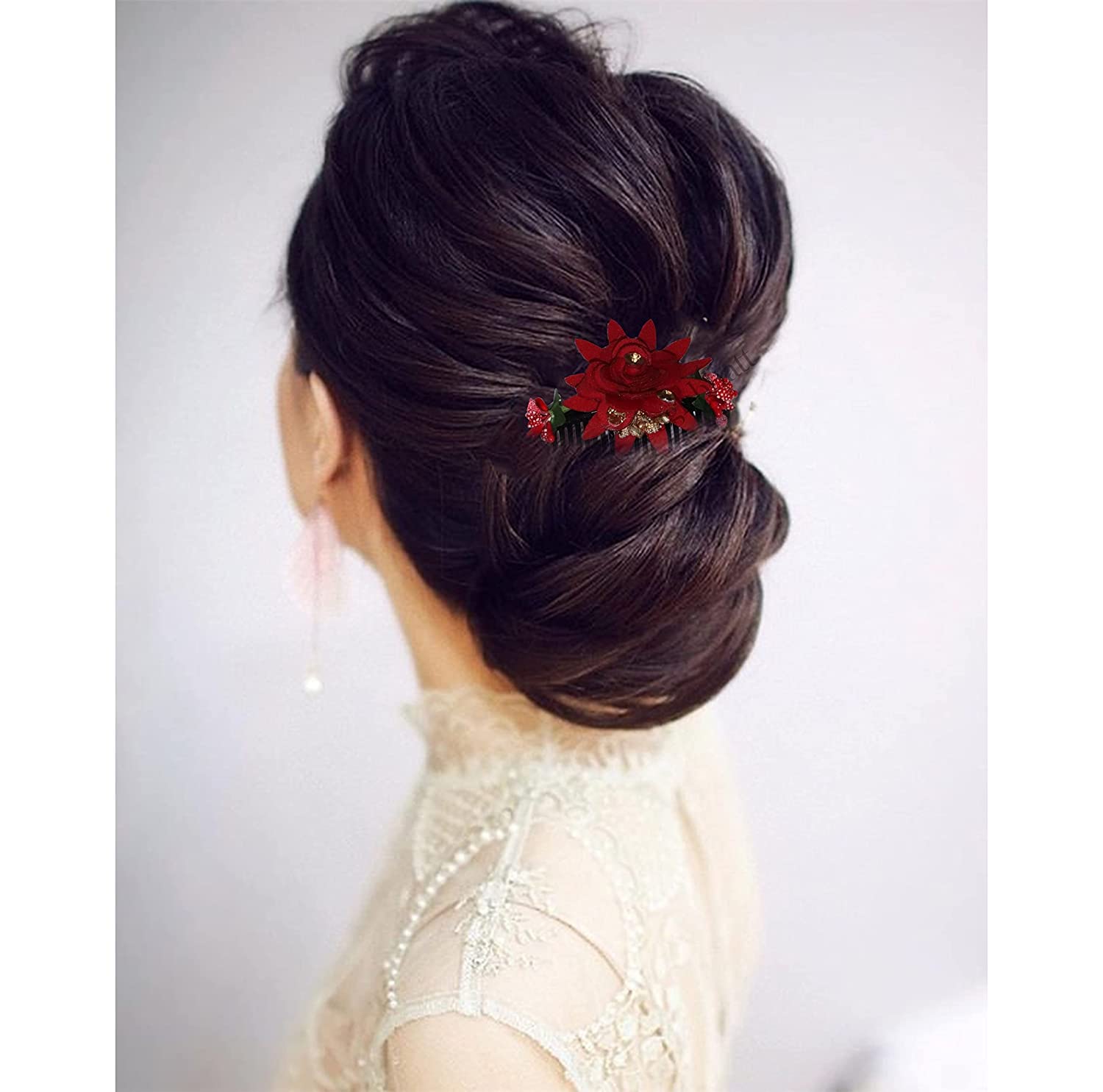 Pranavi Collection Red Rose Flower Hair Clips for Women & Girls - Pack of 1 | Hair Pins, Bun Maker & Hair Accessories for Parties, Weddings & Everyday Wear
