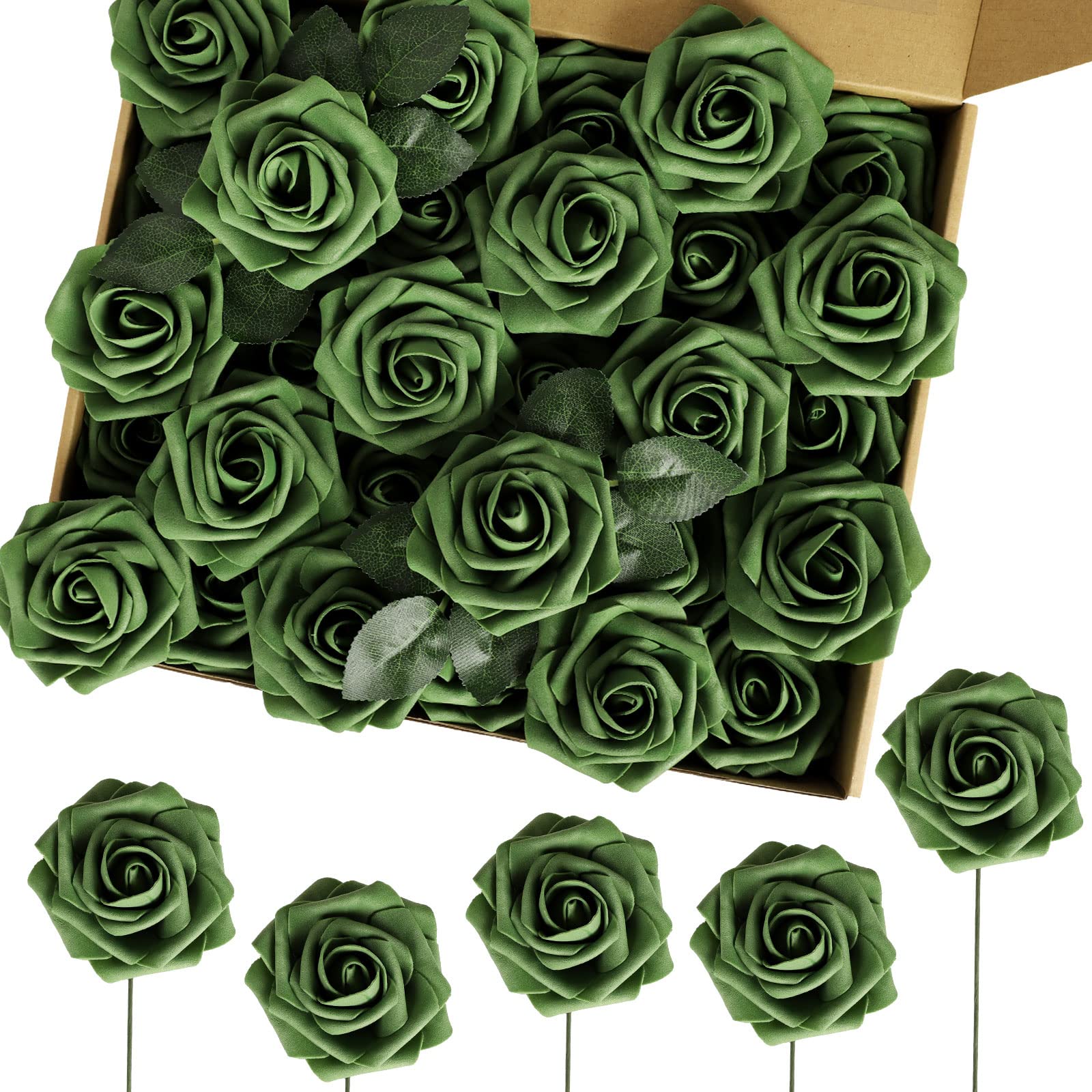MACTING 60pcs Realistic Army Green Foam Artificial Roses with Stems - DIY Wedding Bouquets, Baby Shower Centerpieces, Party Table Decor, Home Floral Arrangements for Living Room, Office & Event Decor