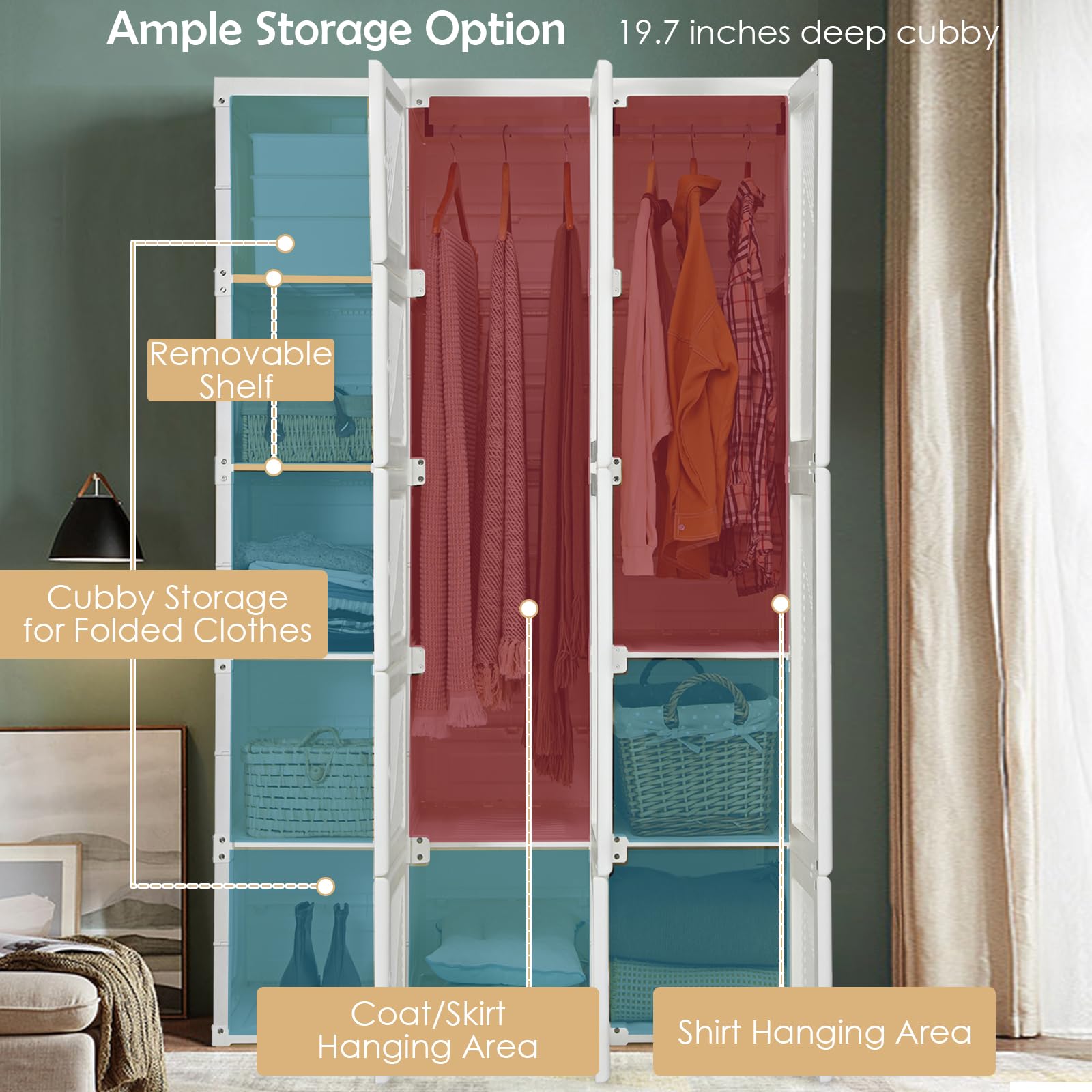 Tangkula Portable Closet Wardrobe - Foldable Clothes Organizer with 10 Cubbies & 2 Hanging Rods, Easy Assemble Magnetic Door Storage Cabinet for Bedroom, Closet, Dorm, RV | Space Saving Clothing Storage Solution