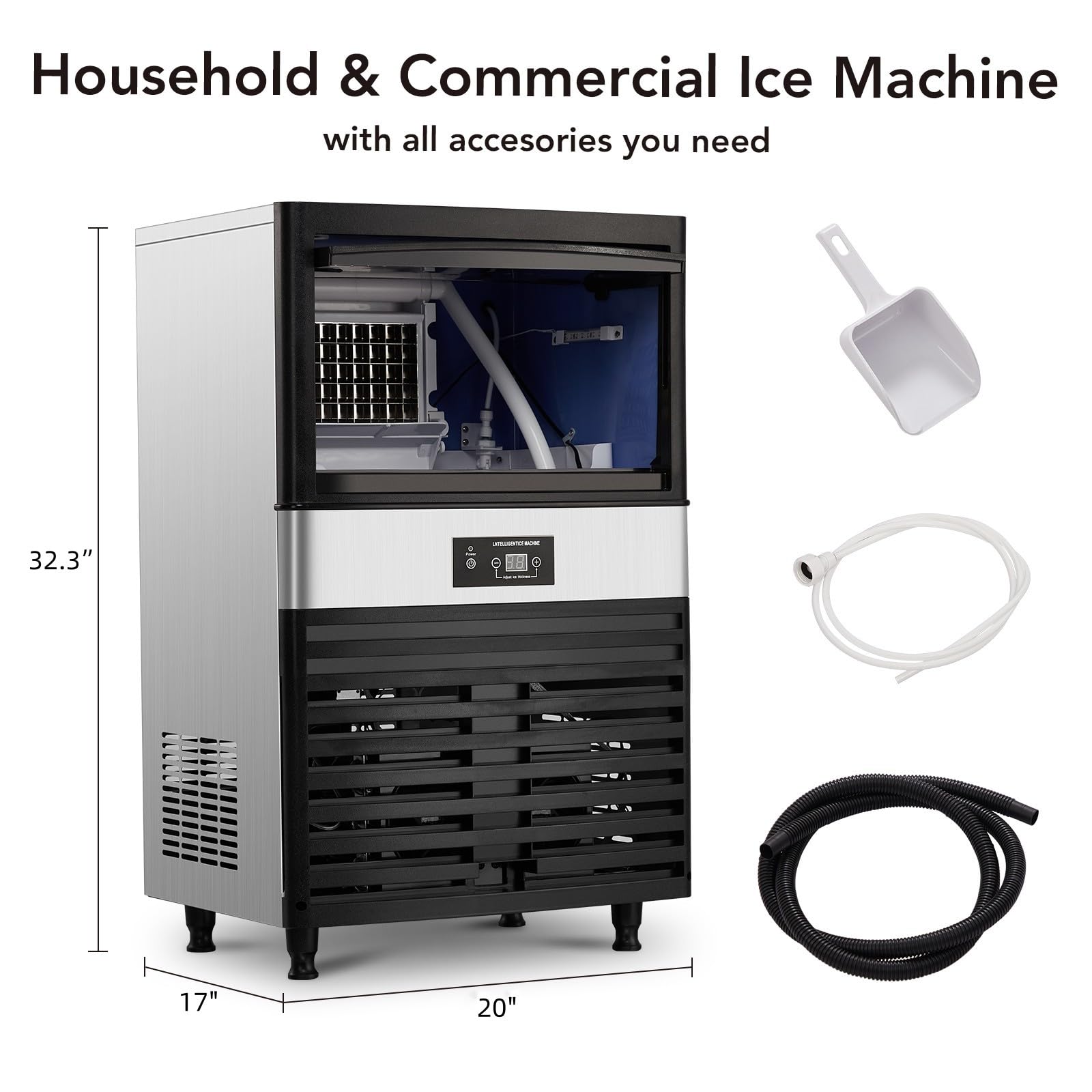 Commercial Ice Maker 110LBS/24H, Under Counter Ice Machine with 30LBS Storage Bin - 40 Cubes per Cycle, Self-Cleaning, Freestanding Ice Maker for Home, Bar, Coffee Shop, Restaurant & Office Use - Perfect for Cocktails, Beverages & Food Display