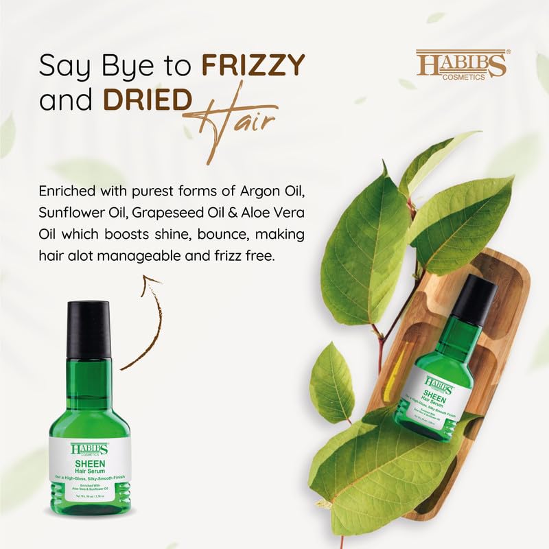 HABIBS COSMETICS Sheen Hair Serum - Smooth Anti-Frizz Treatment with Aloe Vera & Sunflower Oil for Silky, High-Gloss Finish - 50ml (1 Pack) | Perfect for Daily Frizz Control & Heat Styling Protection