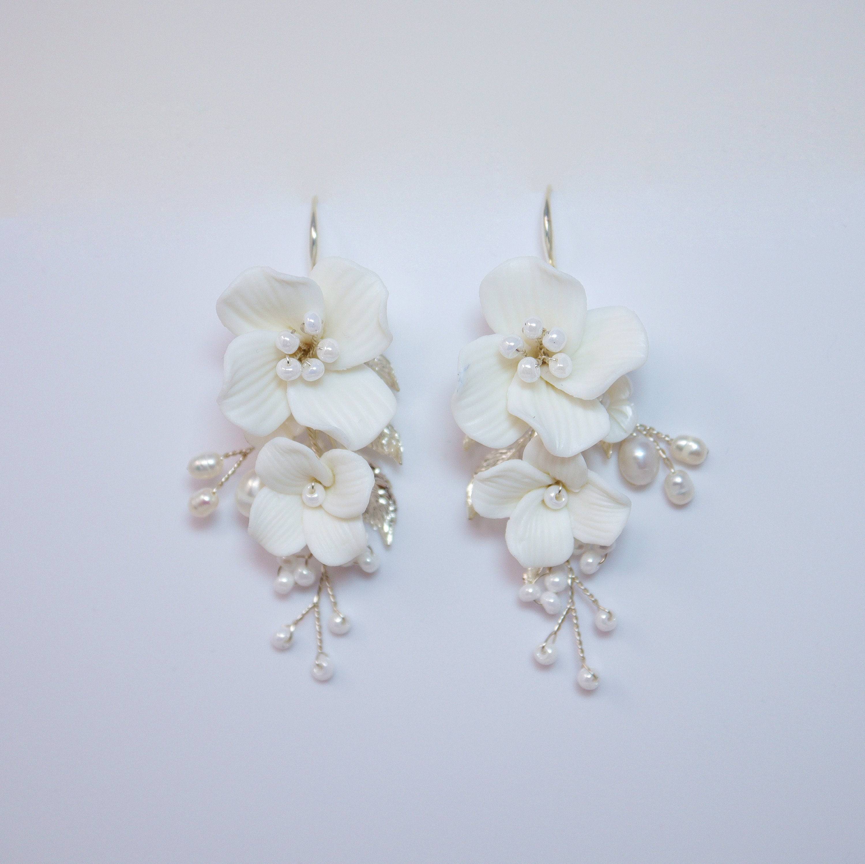 Natural Cultured Freshwater Pearl White Flower Earrings - Elegant Long Bridal Jewelry with Crystal Accents | Perfect for Weddings, Prom, Parties & Special Occasions