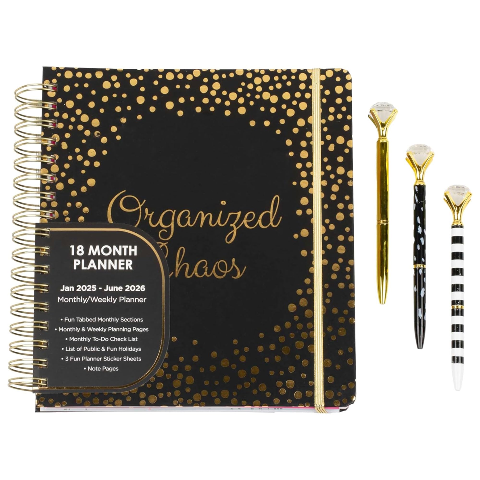 VOTUM 2025-2026 Monthly Large Planner - Daily Weekly Monthly Organizer with 3 Pens & Stickers - Organized Chaos Black - January 2025 to June 2026 - Stylish Durable Planner for Work, School & Personal Organization