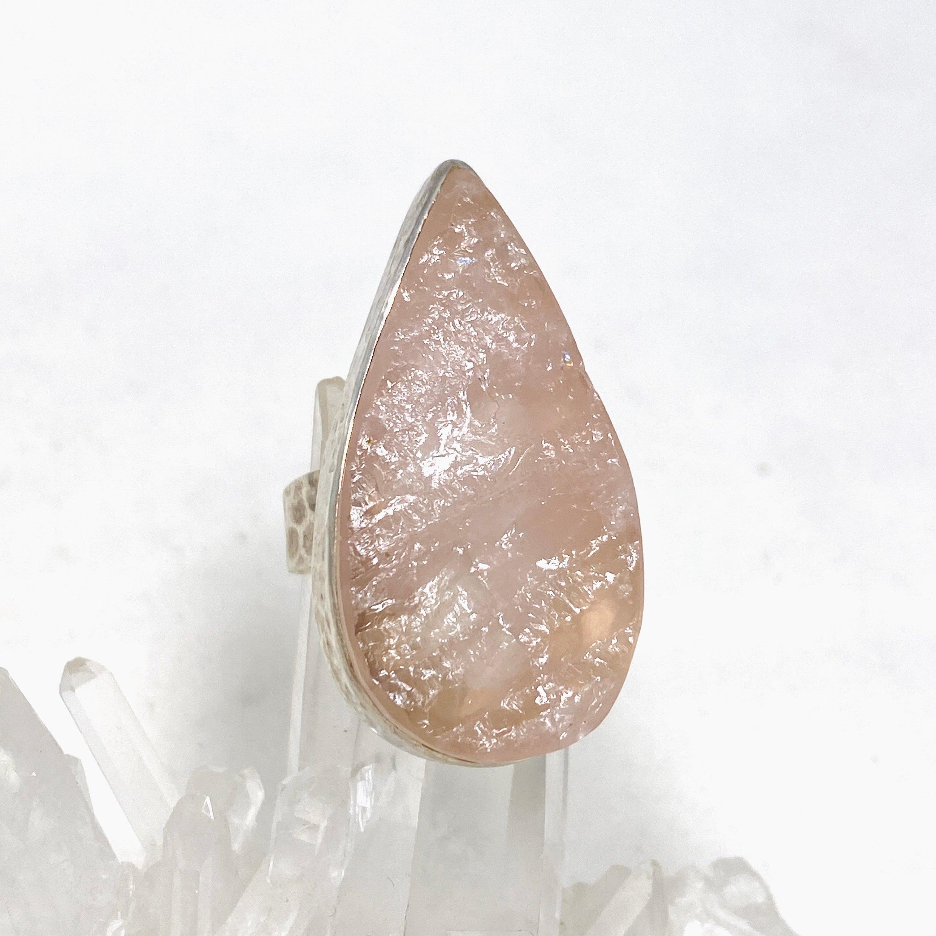 Natural Rose Quartz Teardrop Ring with Hammered Band - Size 10 - KRGJ1302 | Healing Crystal Jewelry for Meditation, Energy Work & Spiritual Gifts