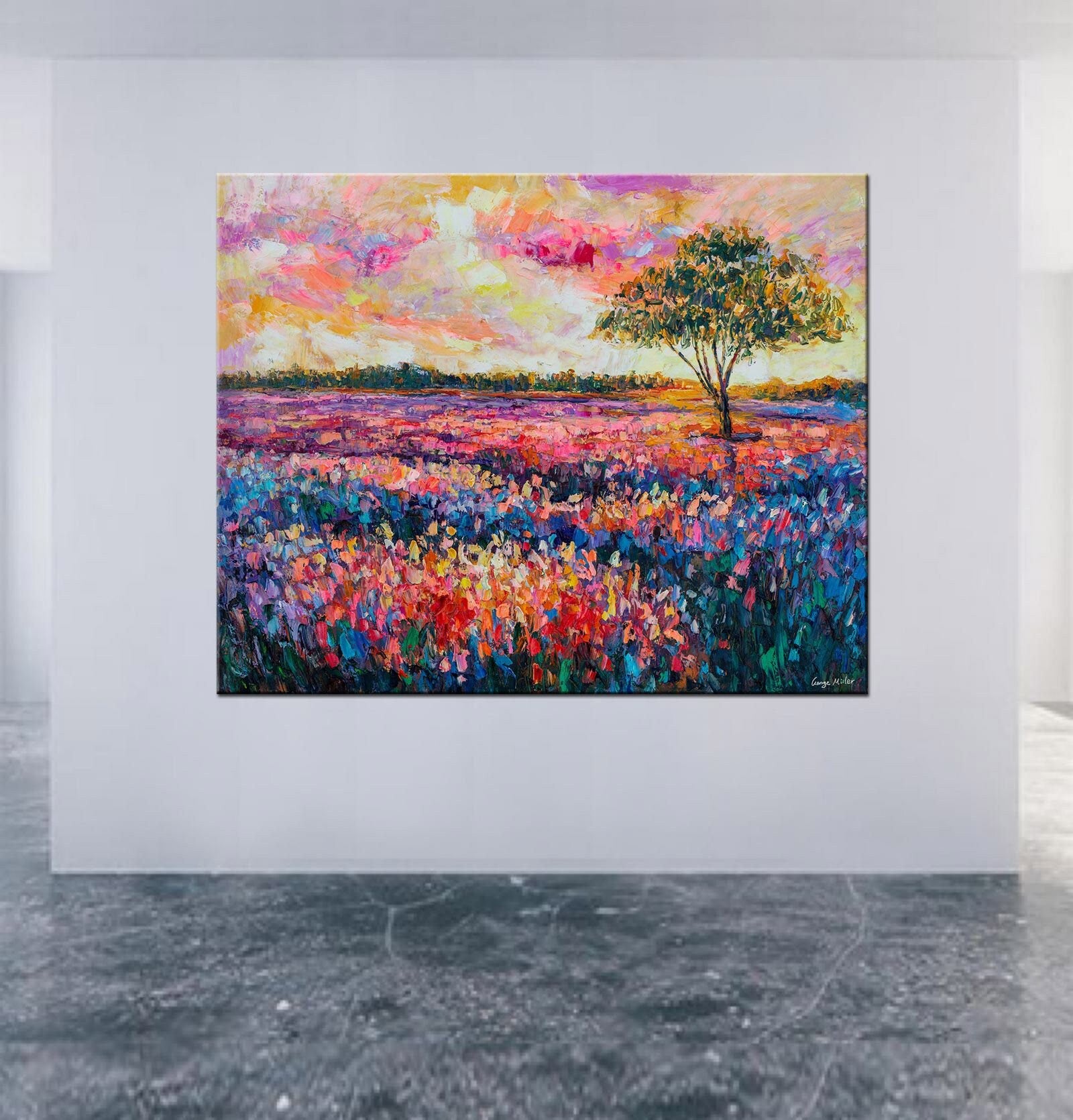 Original French Mediterranean Lavender Field Dawn Landscape Oil Painting - Large Handmade Palette Knife Artwork for Home Decor & Office Wall Art