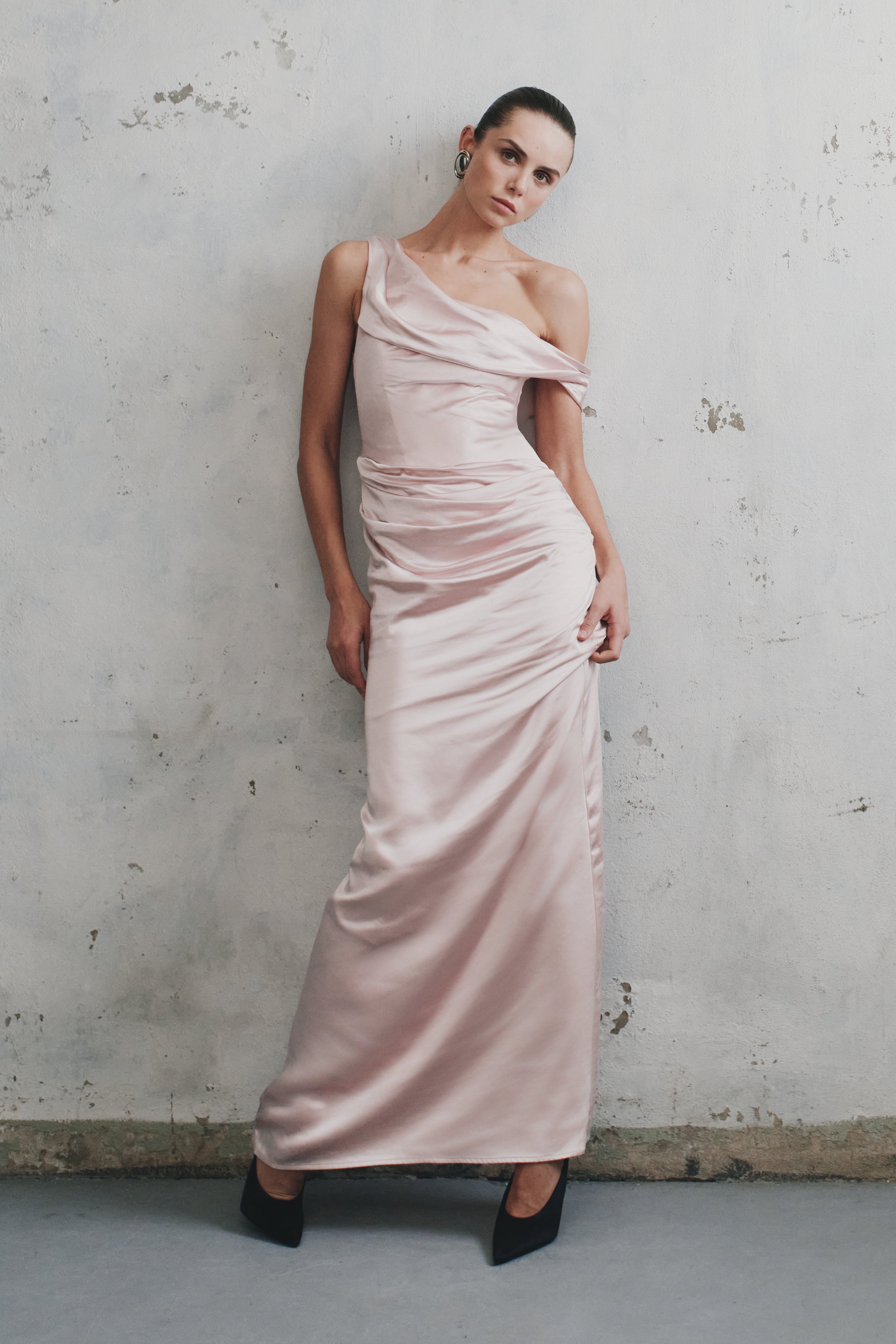 Dalia Off Shoulder Satin Maxi Dress - Soft Pink | Elegant Evening Gown for Weddings, Parties & Special Occasions