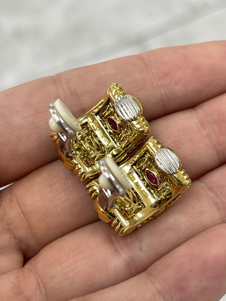 0.15tcw Hidden Ruby Woven Checkered 18K Yellow Gold Omega Back Earrings for Women | Elegant Bridal Jewelry & Special Occasion Gift