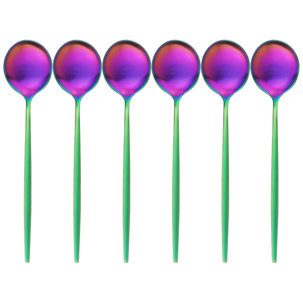 6Pcs Matte Rainbow Colored Stainless Steel Dinner Spoons Set - Long Handle Soup, Dessert, Rice & Porridge Spoons (8.26