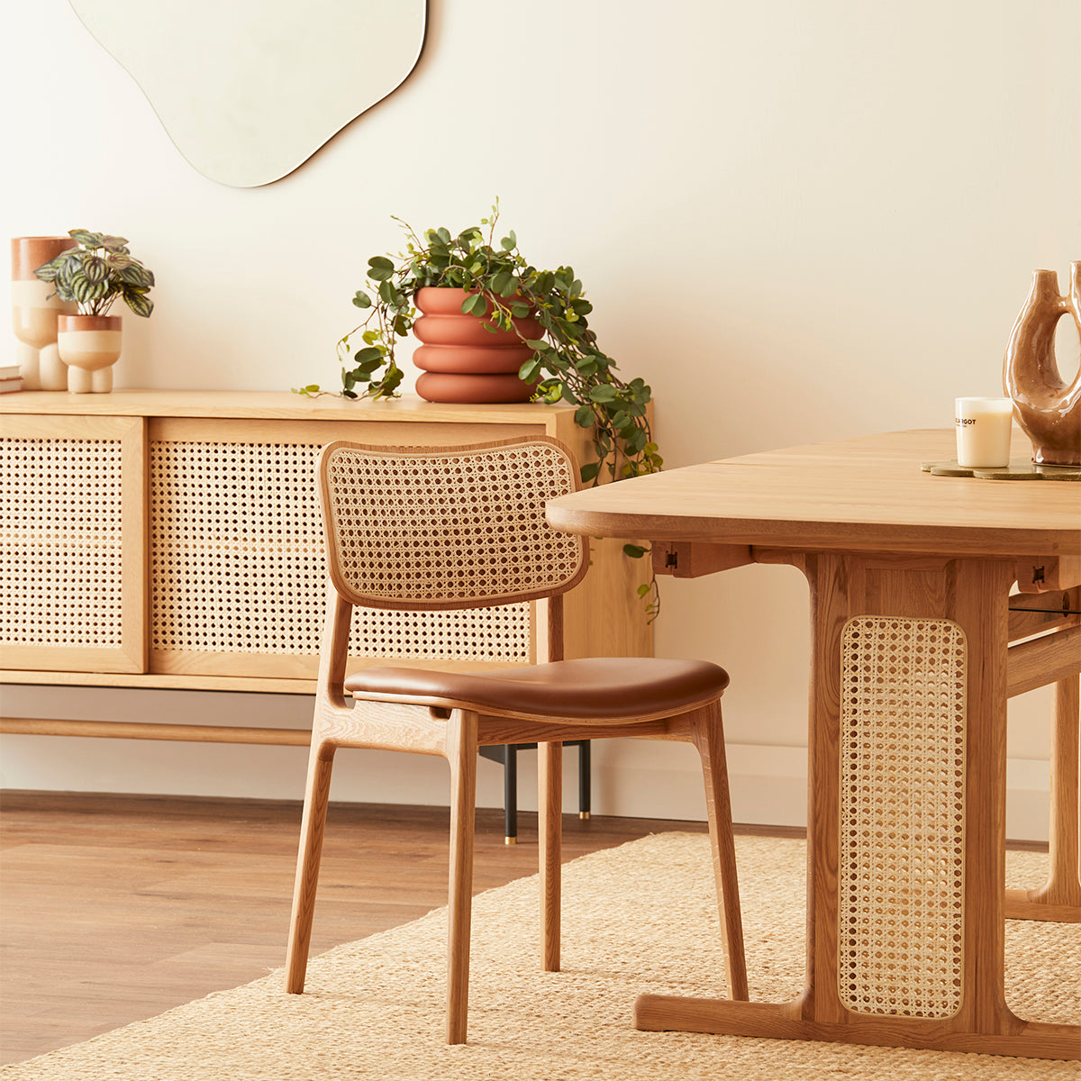 Premium Rattan & Leather Dining Chair - Modern Boho Style for Kitchen, Dining Room, or Patio - Comfortable & Durable Seating Solution