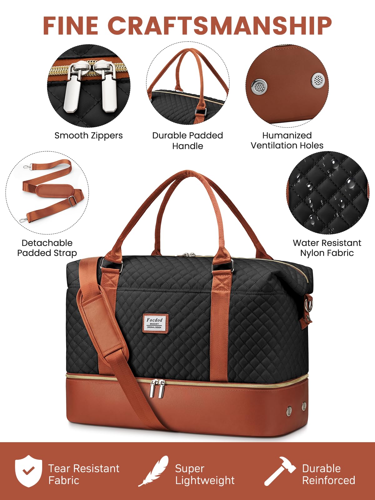 Women's Travel Weekender Duffle Bag with Shoe Compartment & Wet Pocket - Large Carry-On Overnight Bag with Toiletry Organizer - Perfect for Weekend Getaways, Hospital Visits, and Labor Delivery (Black/Brown)